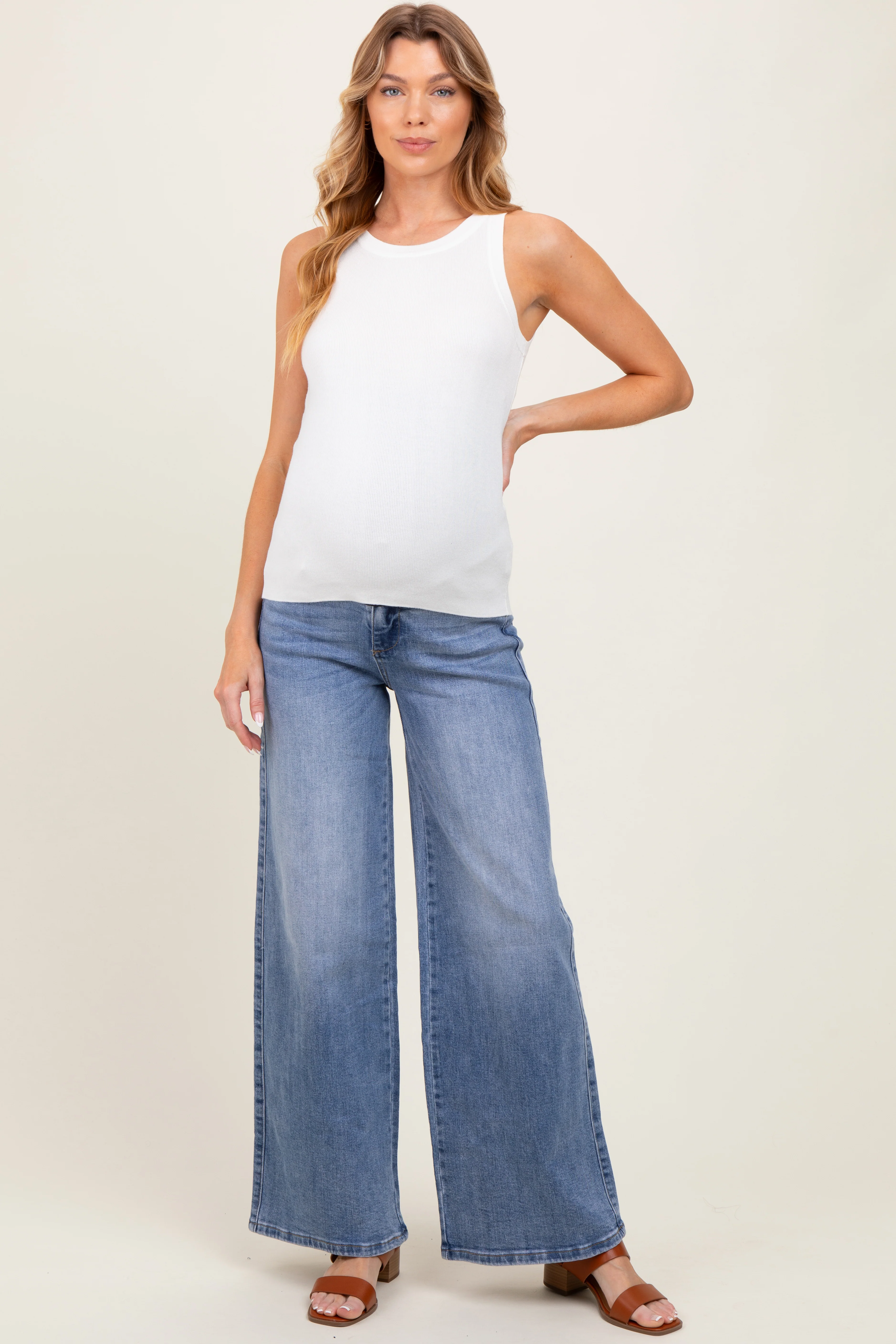 Light Blue Relaxed Wide Leg Maternity Jeans - Image 2