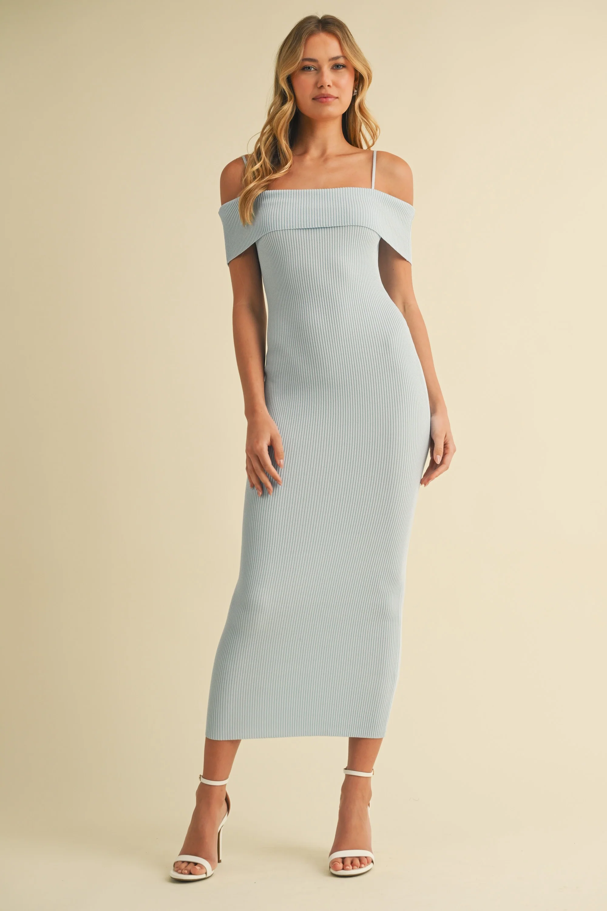 Light Blue Rib Knit Off Shoulder Fitted Maternity Midi Dress - Image 5