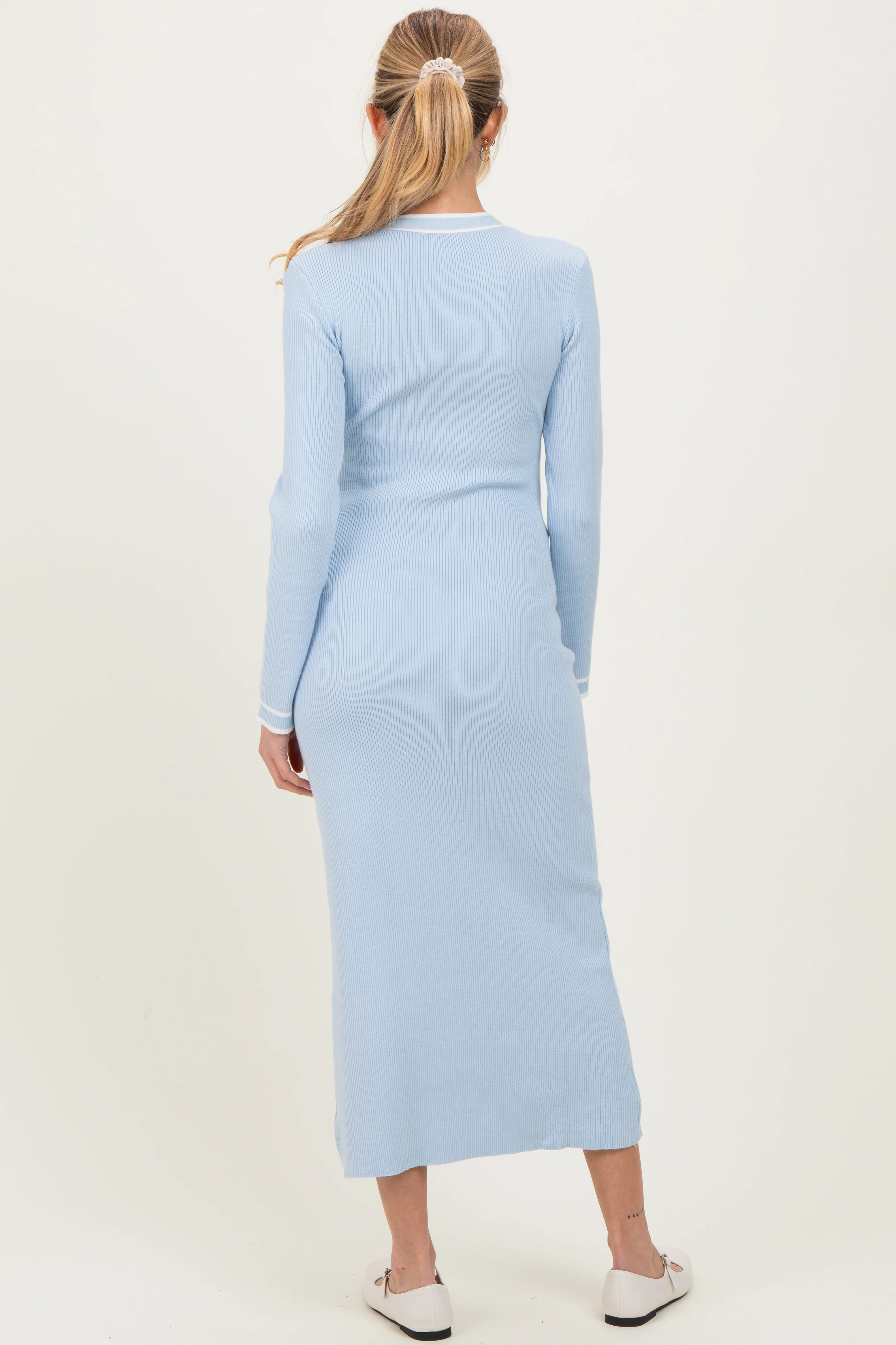 Light Blue Ribbed Knit Tie Neck Maternity Sweater Dress - Image 3