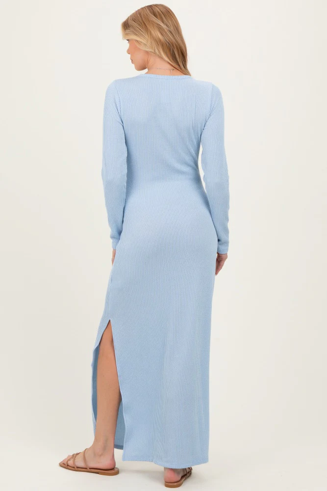 Light Blue Ribbed Long Sleeve Side Slit Maternity Maxi Dress - Image 5
