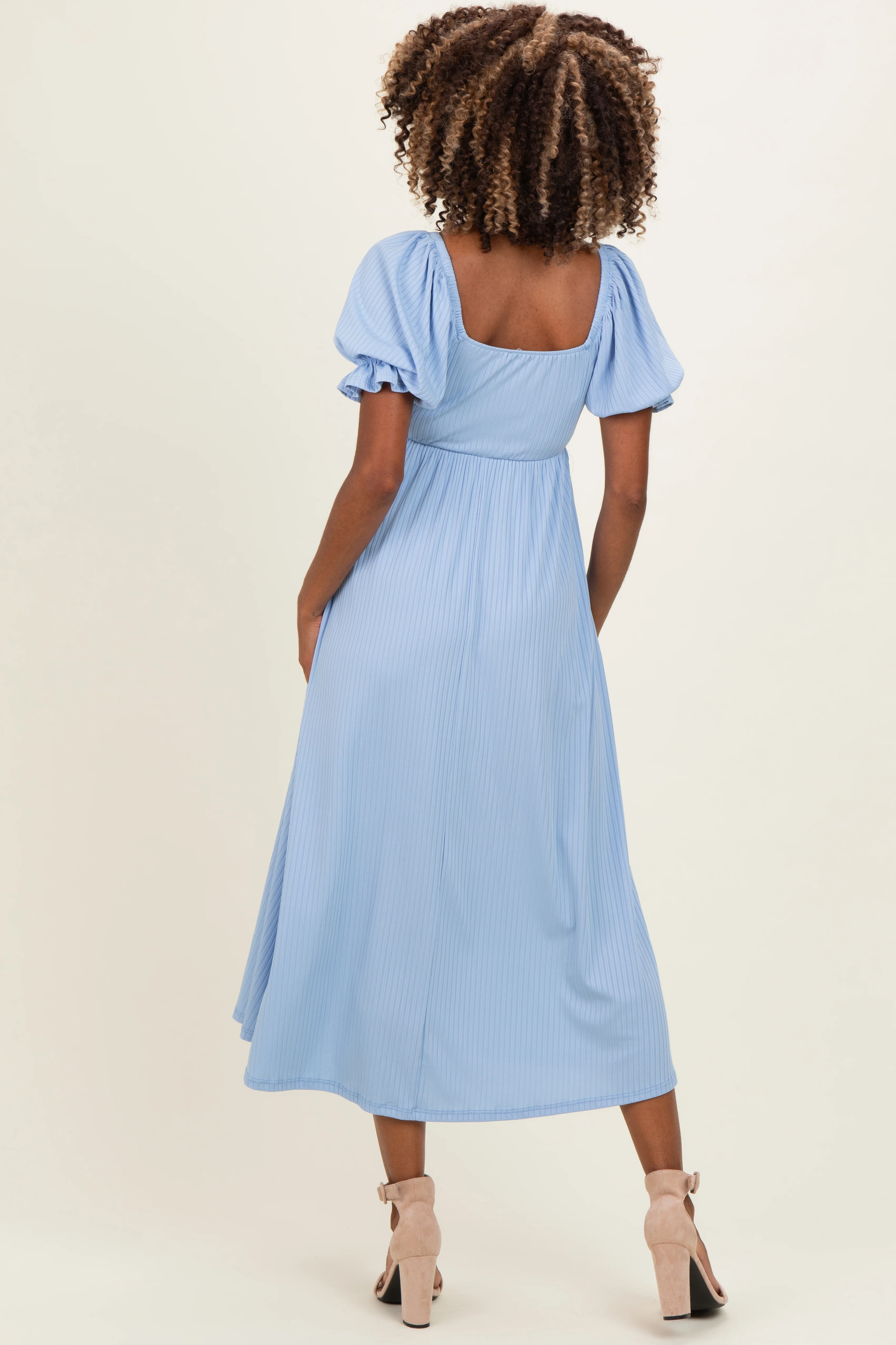 Light Blue Ribbed Short Sleeve Empire Waist V-Neck Maternity Maxi Dress - Image 3
