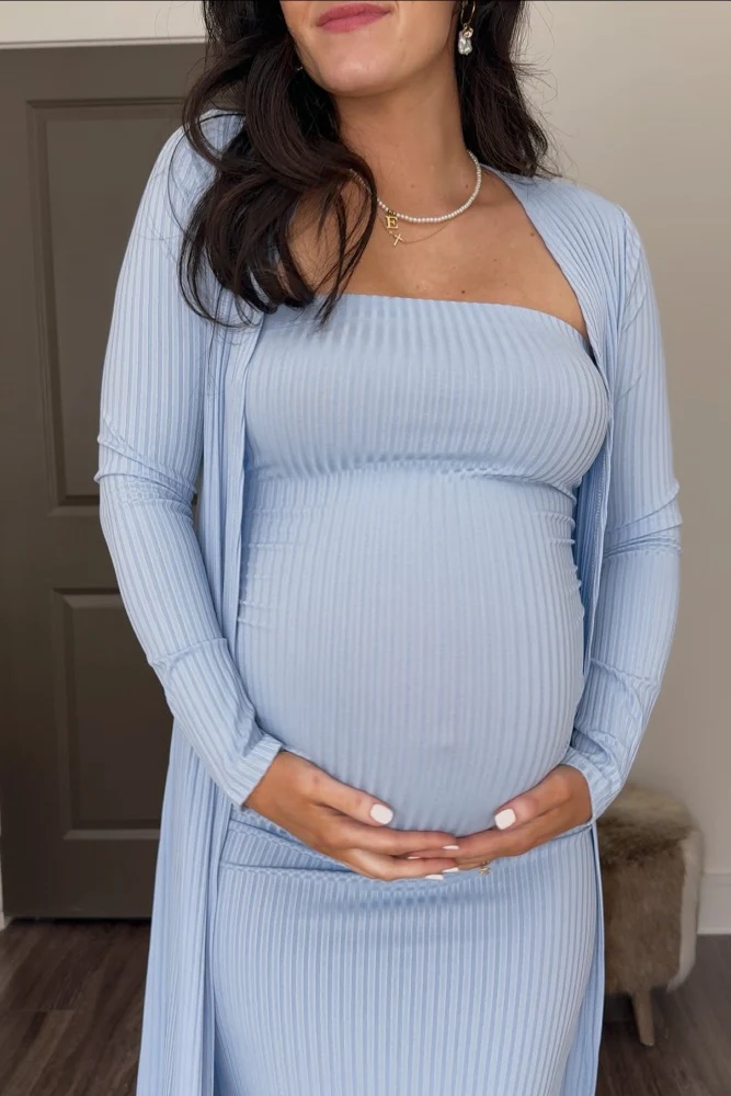 Light Blue Ribbed Sleeveless Dress Cardigan Maternity Set - Image 10