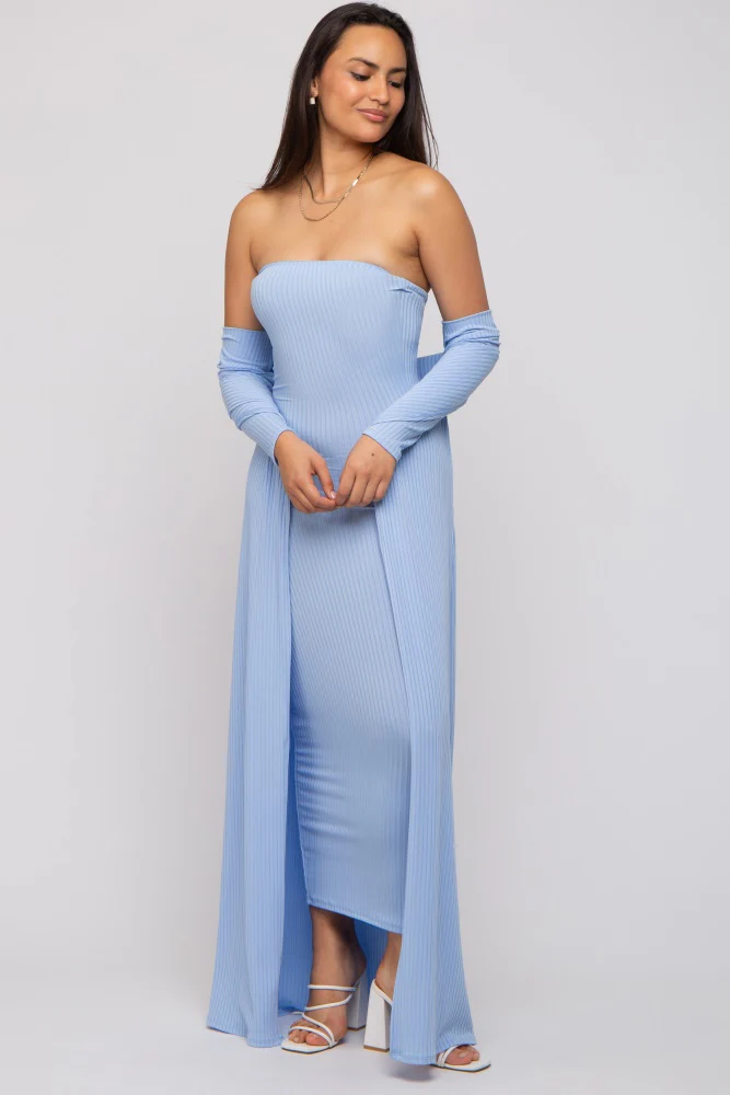 Light Blue Ribbed Sleeveless Dress Cardigan Set - Image 4