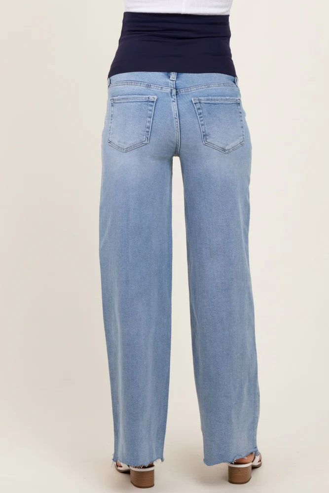 Light Blue Ripped Knee Uneven Raw Hem Wide Leg Maternity Jeans - Image 5