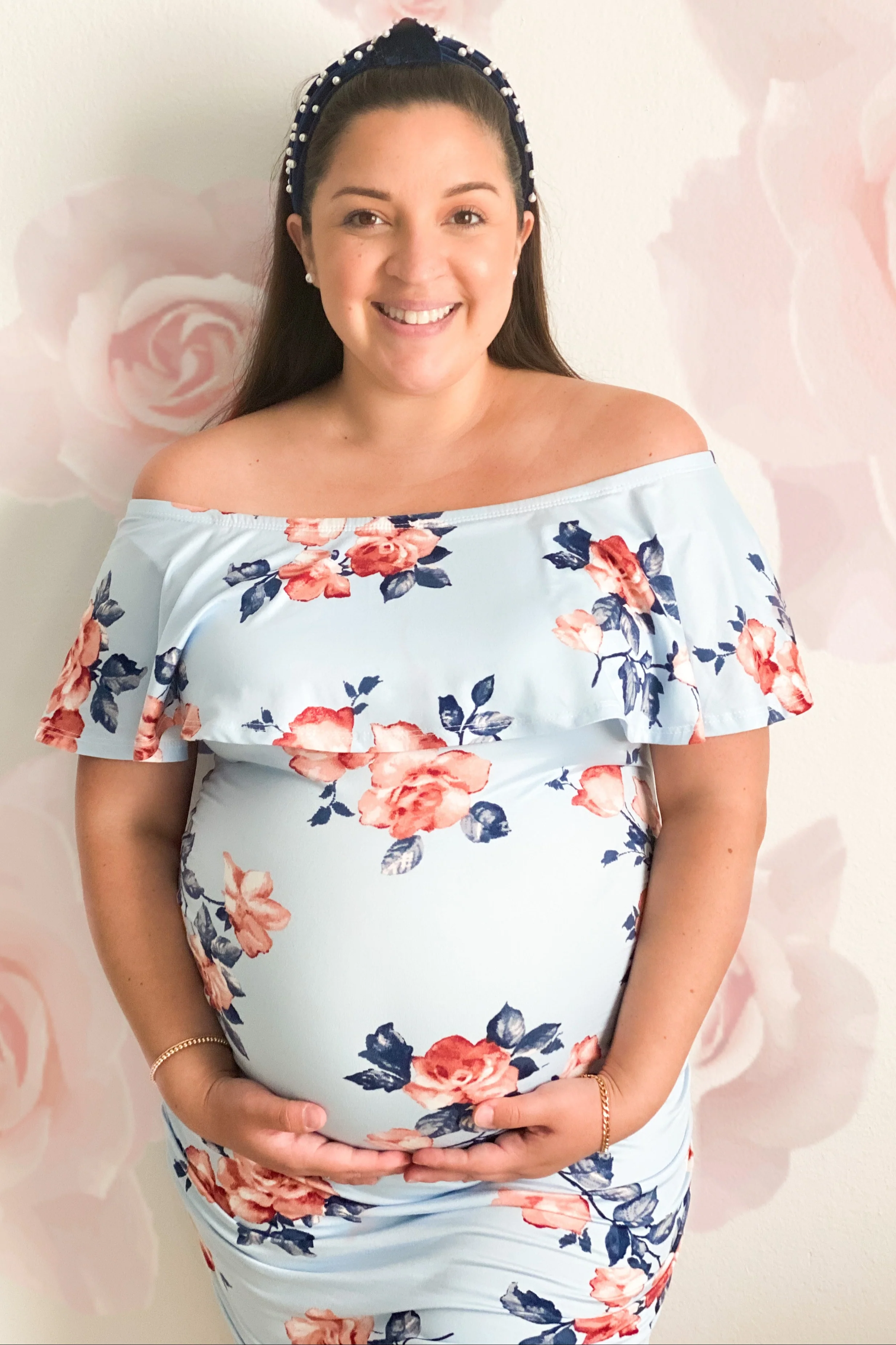 Light Blue Rose Print Ruffle Fitted Maternity Dress - Image 7