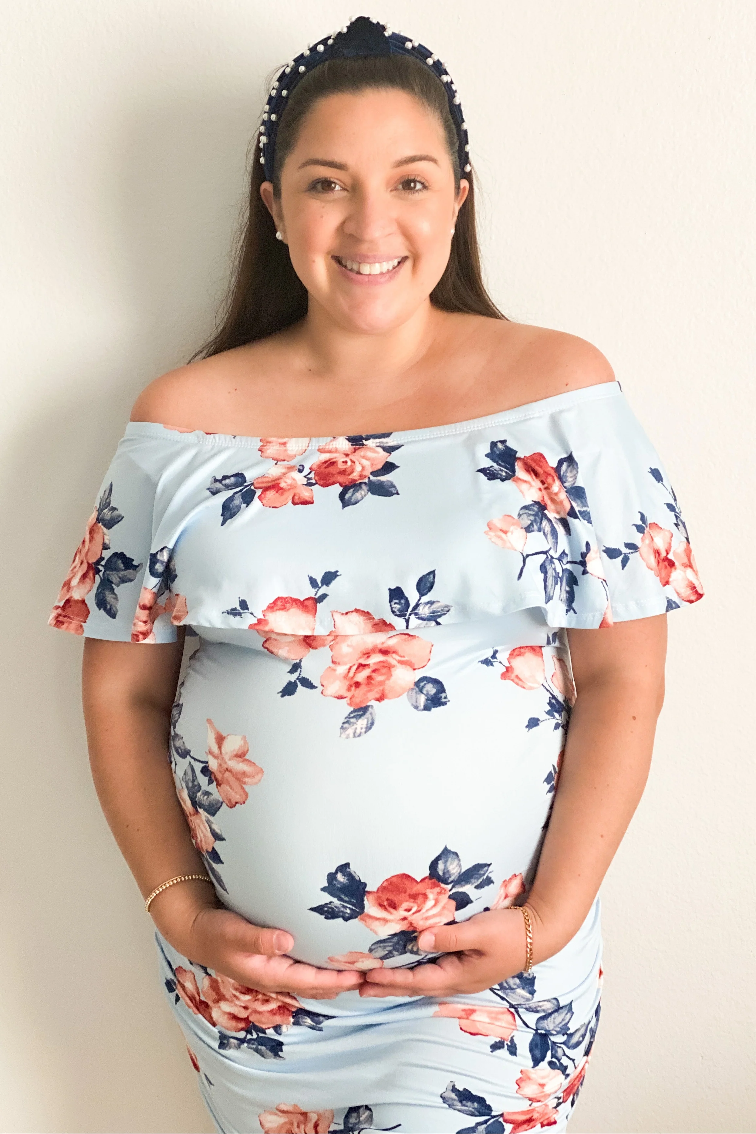 Light Blue Rose Print Ruffle Fitted Maternity Dress - Image 9