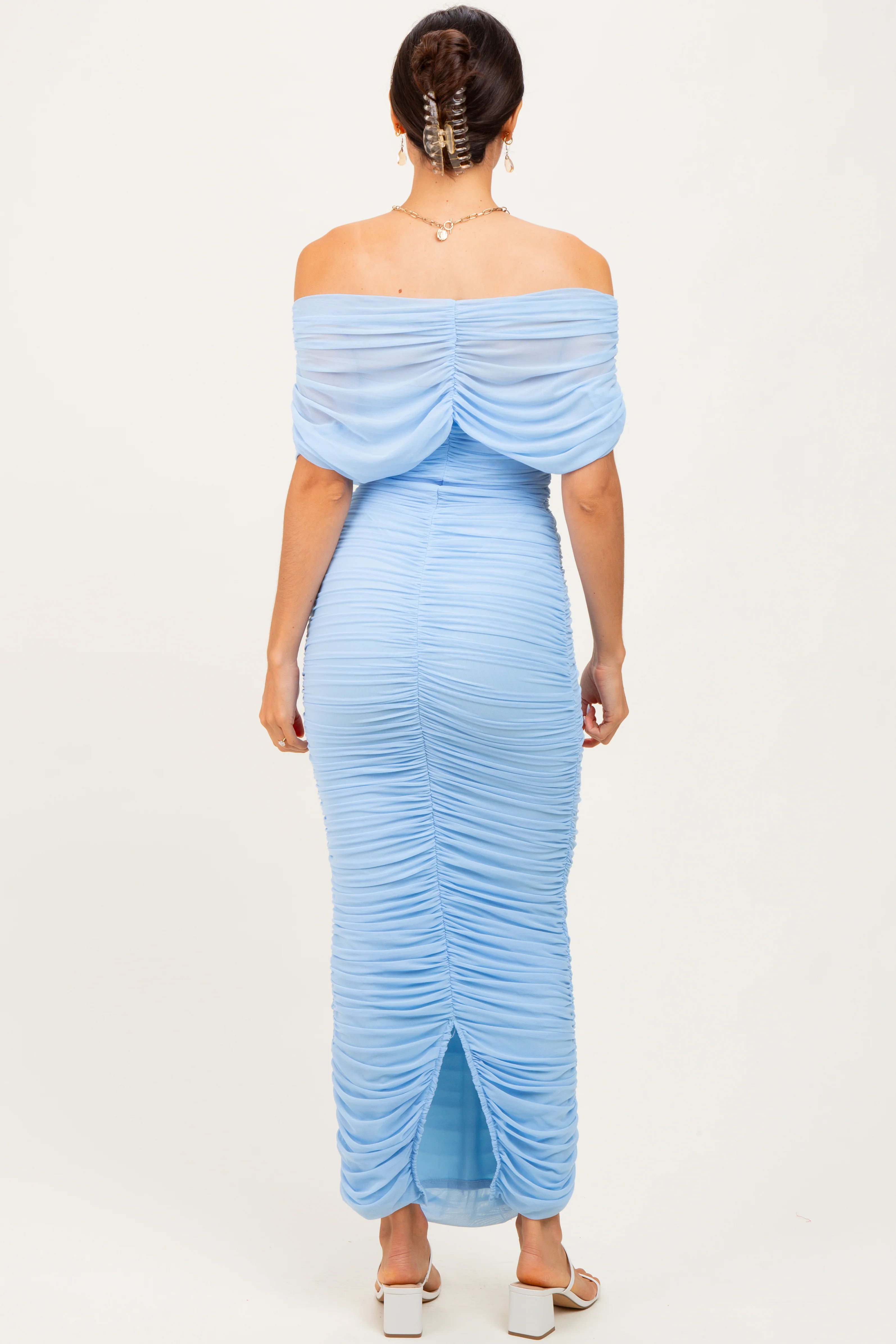Light Blue Ruched Mesh Foldover Off Shoulder Maxi Dress - Image 4