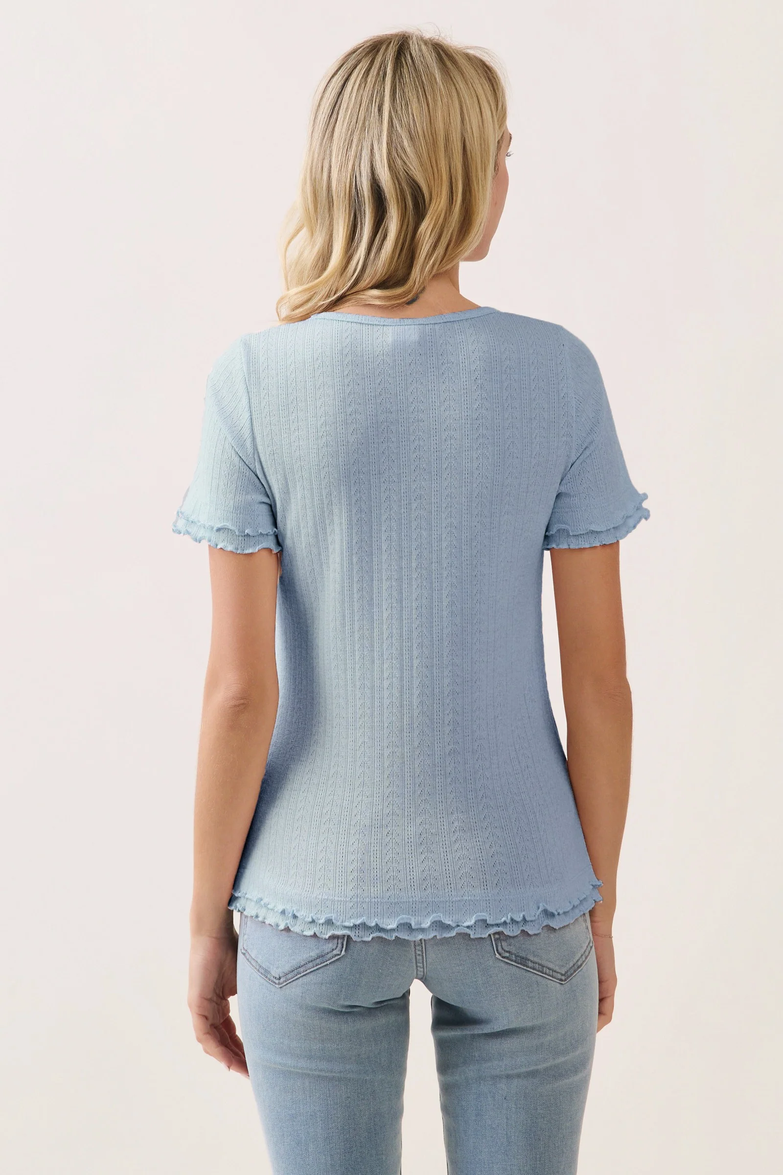 Light Blue Ruffle Trim Pointelle Knit Henley Top - Image 3