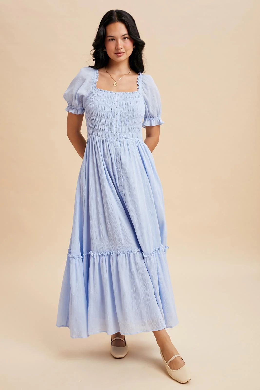Light Blue Smocked Button Down Maxi Dress - Image 3