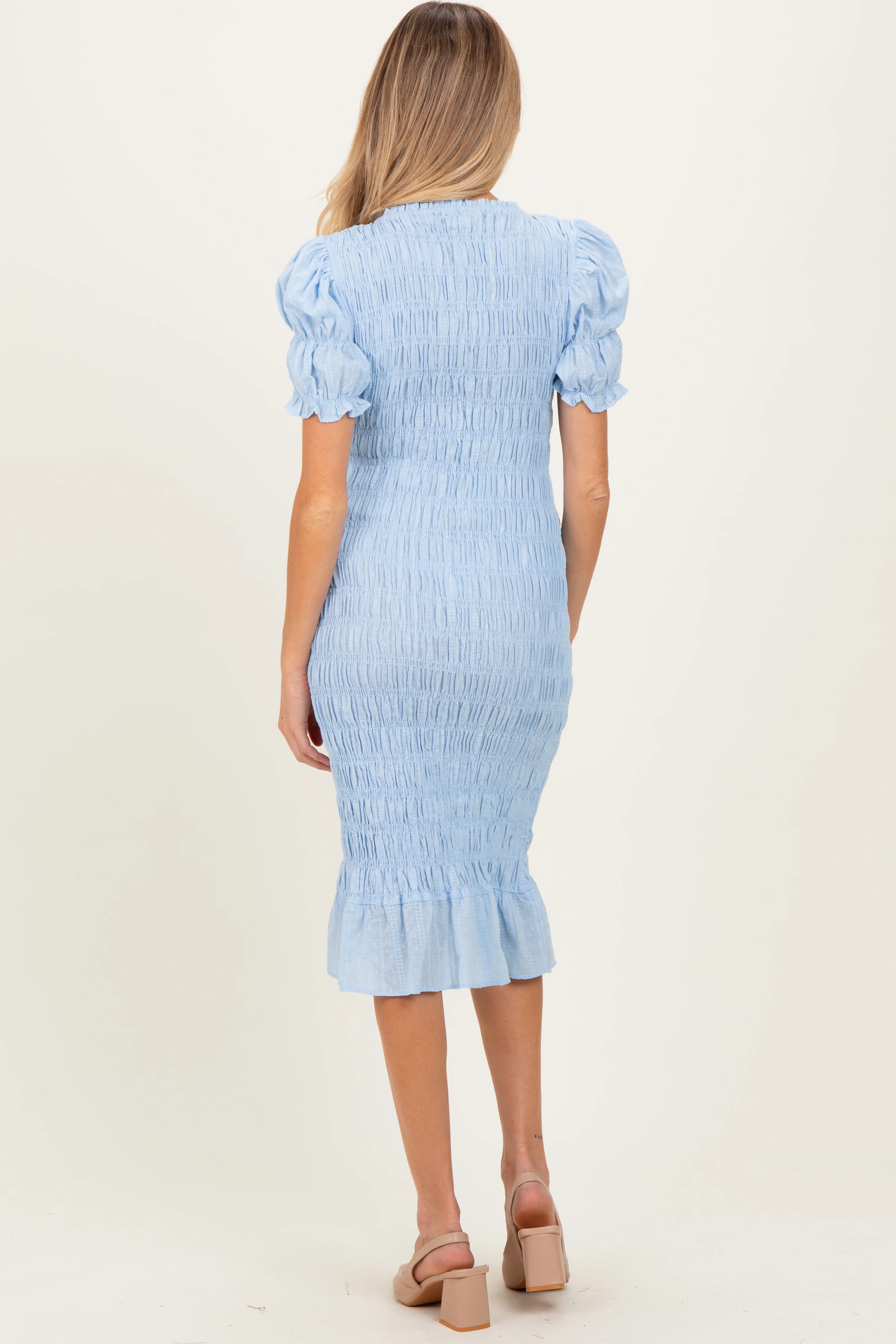 Light Blue Smocked Fitted Maternity Midi Dress - Image 4