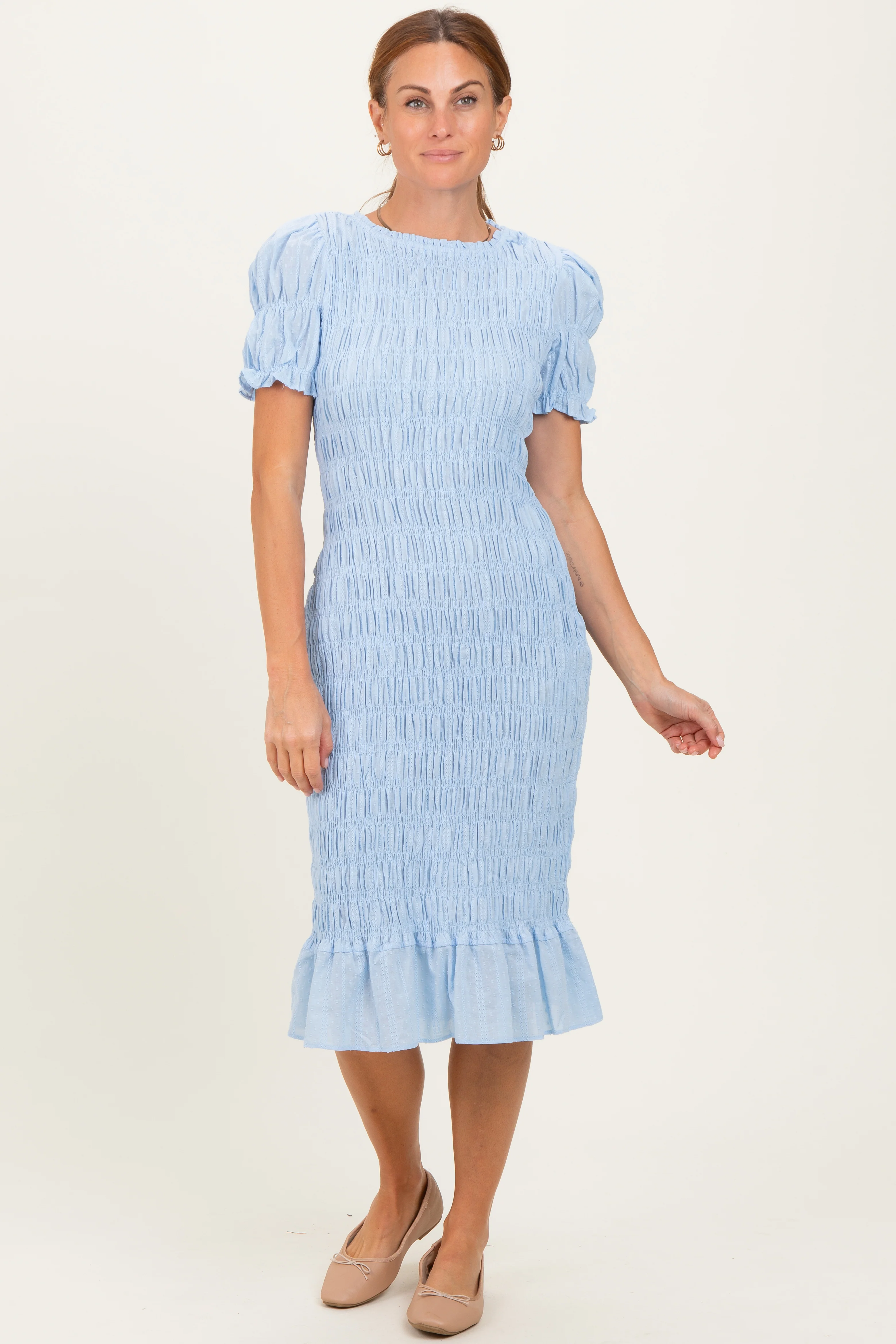 Light Blue Smocked Fitted Maternity Midi Dress - Image 5