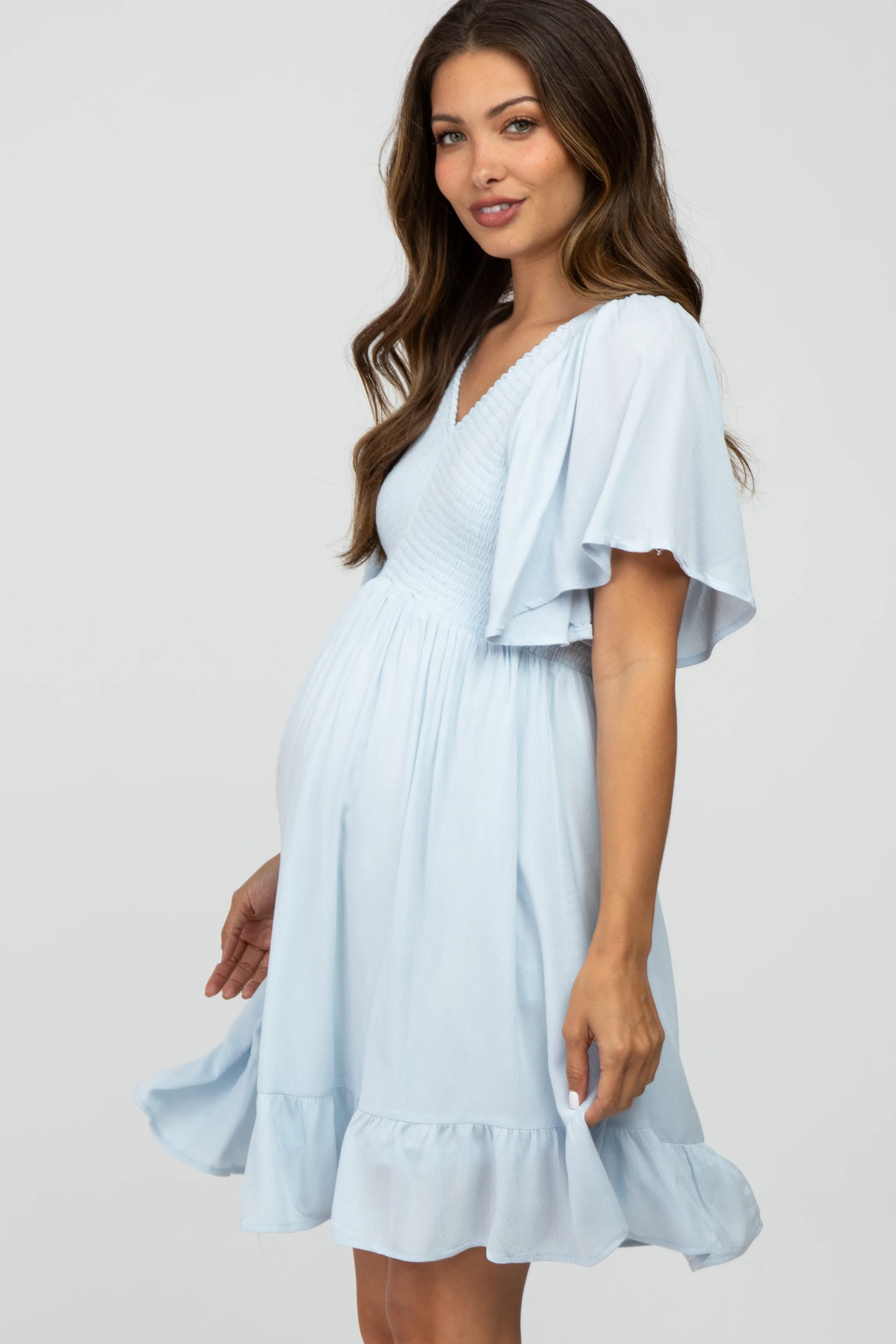 Light Blue Smocked Front Ruffle Hem Maternity Dress - Image 3