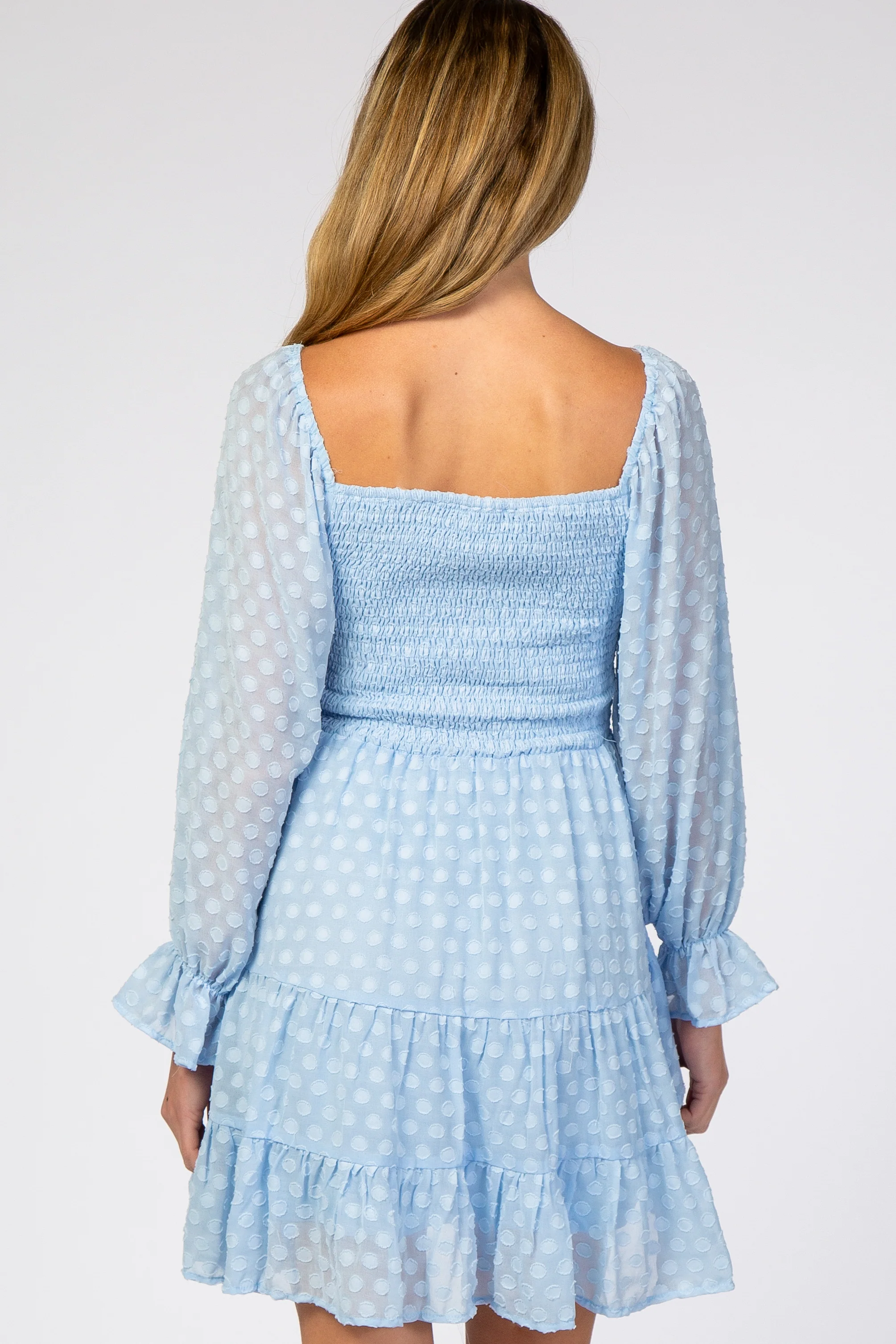 Light Blue Smocked Polka Dot Long Sleeve Maternity Dress - Image 3