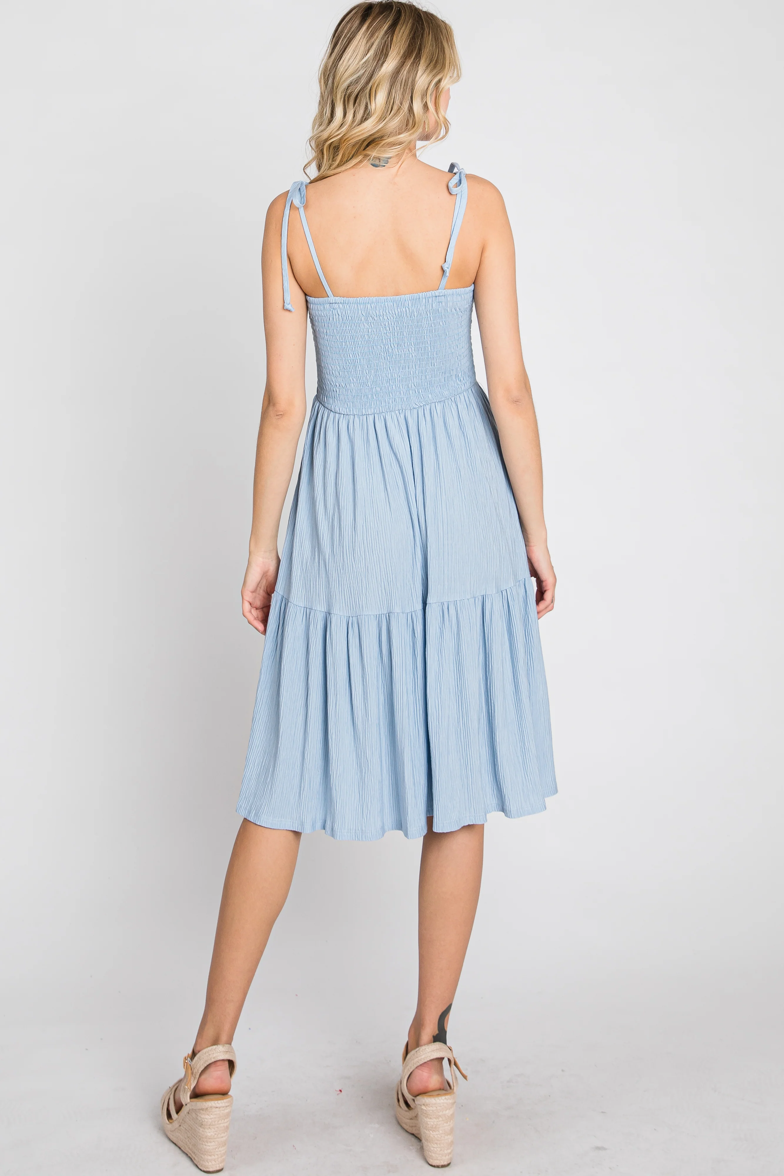 Light Blue Smocked Shoulder Tie Dress - Image 5