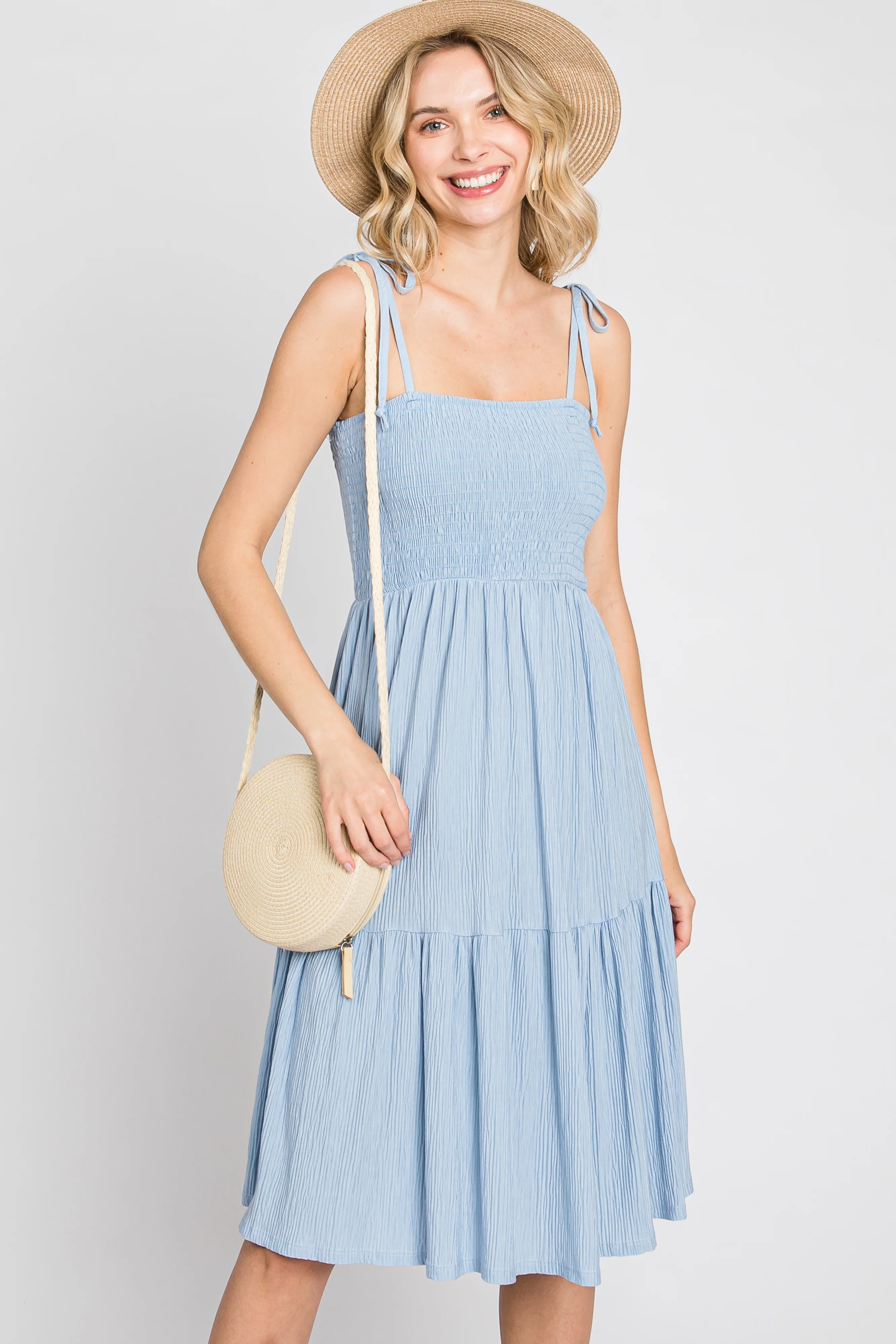 Light Blue Smocked Shoulder Tie Maternity Dress - Image 5