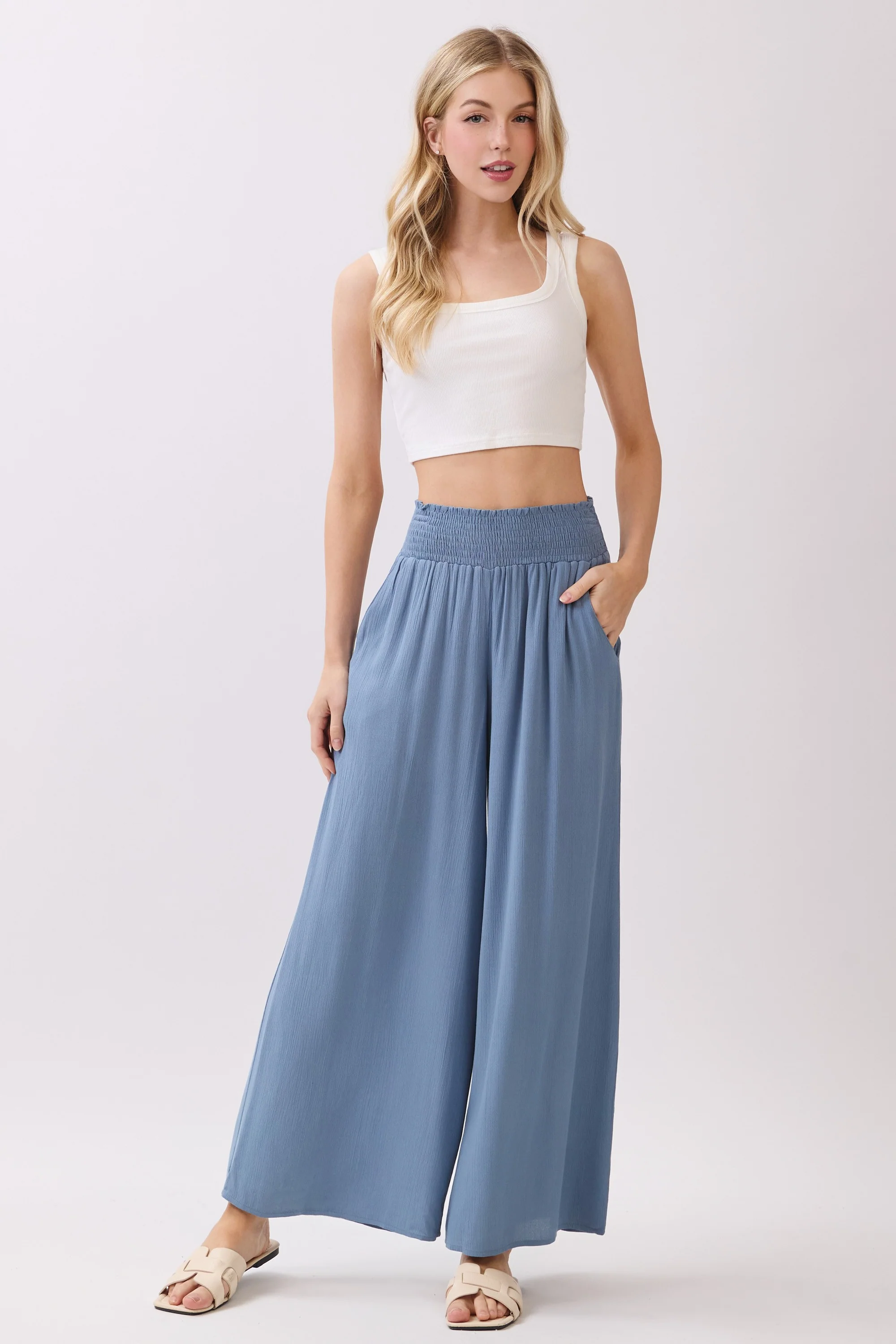Light Blue Smocked Waist Ankle Wide Leg Maternity Pants - Image 6