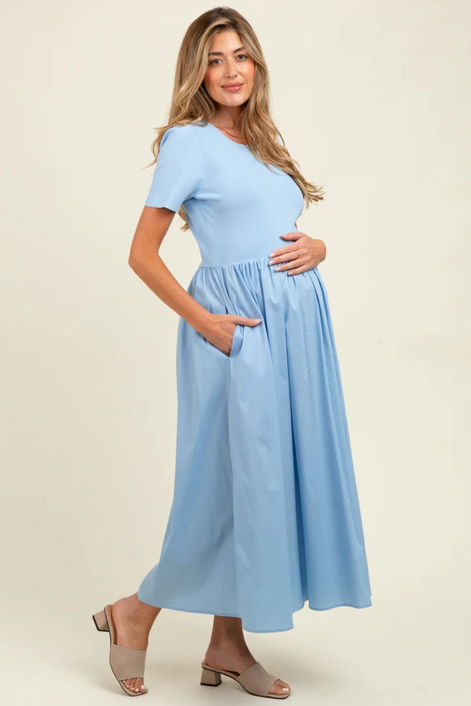 Light Blue Solid Maternity Maxi Dress - Image 3