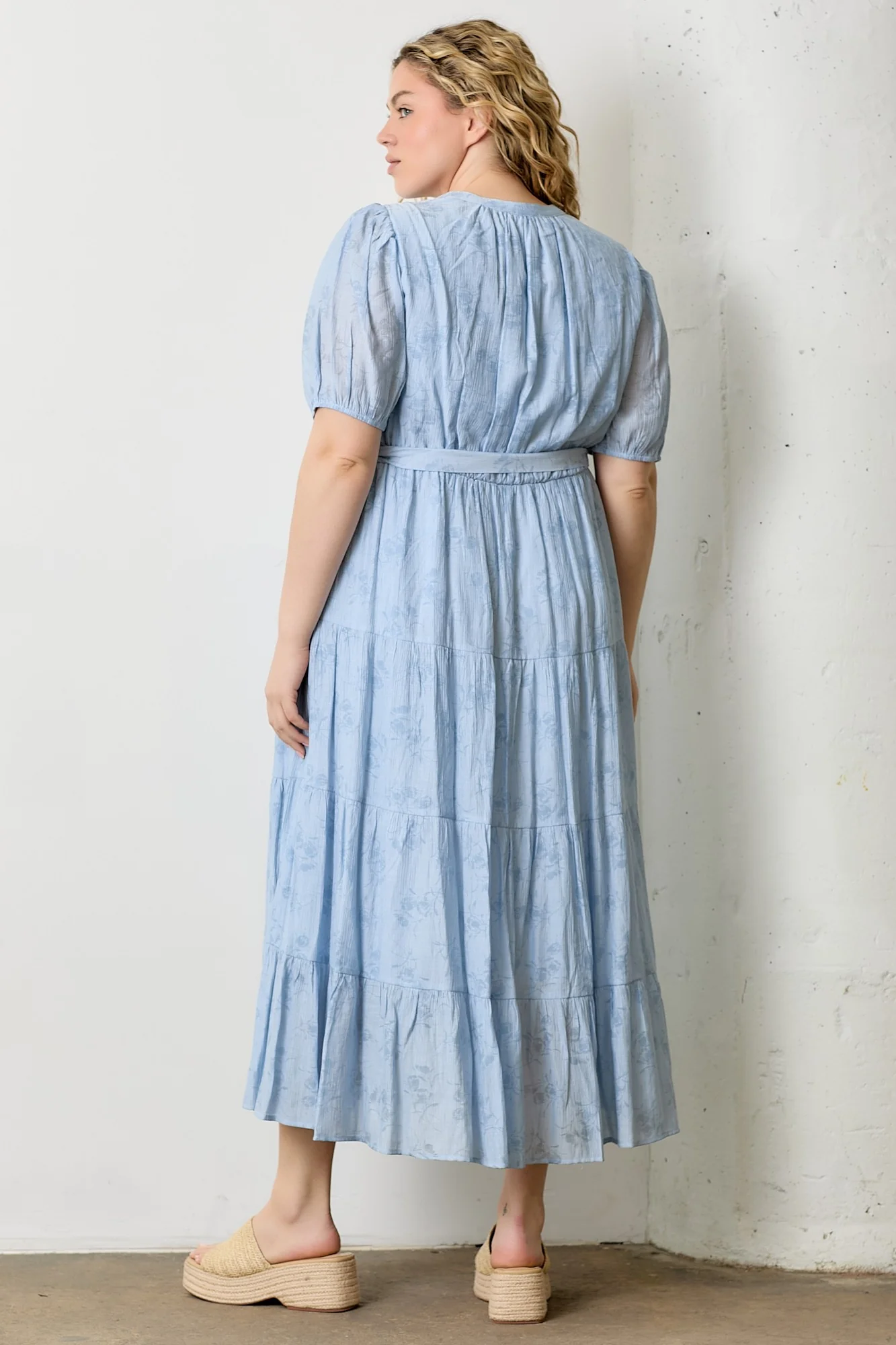 Light Blue Split Neckline Tiered Plus Midi Dress - Image 3