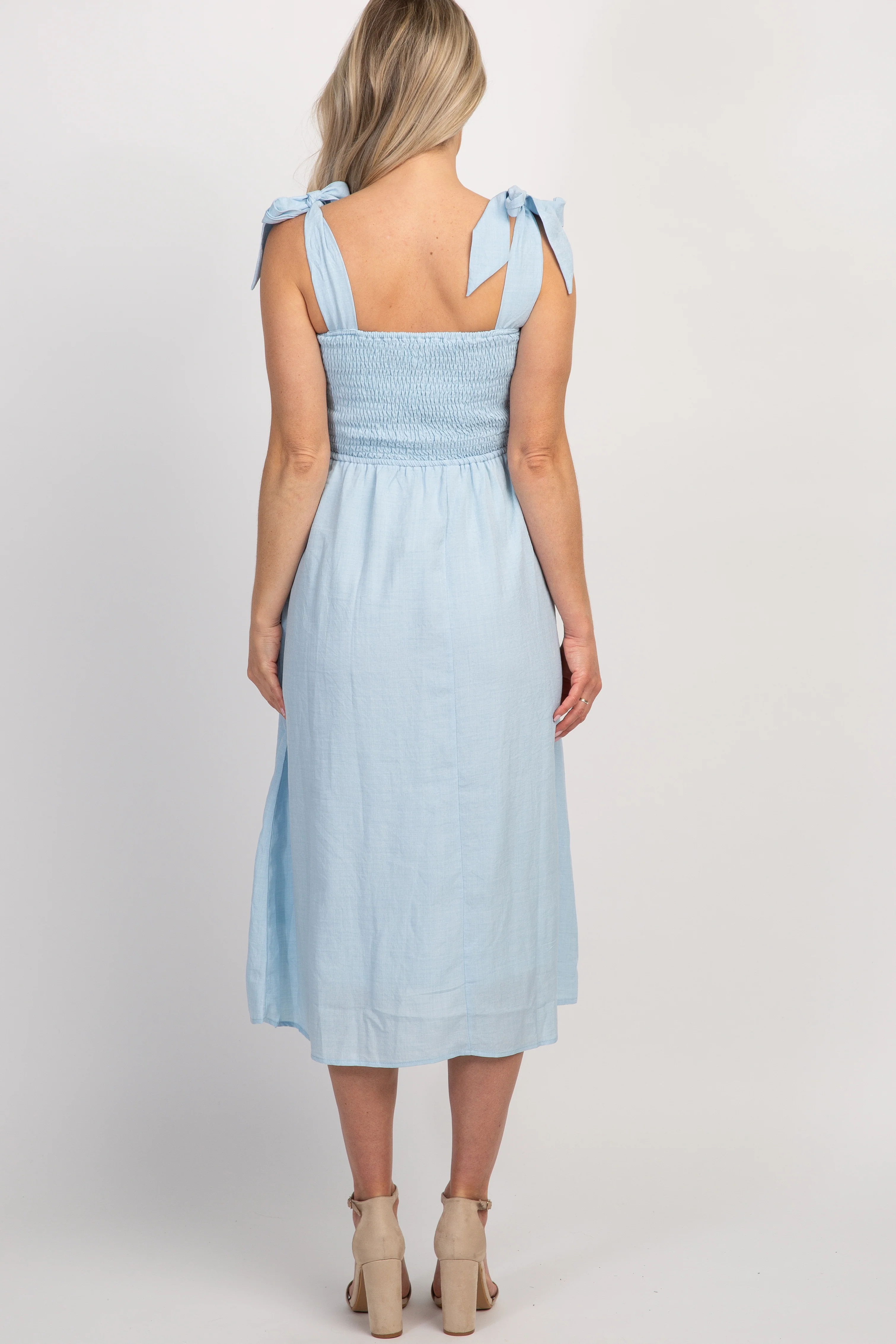 Light Blue Strap Tie Smocked Maternity Dress - Image 3