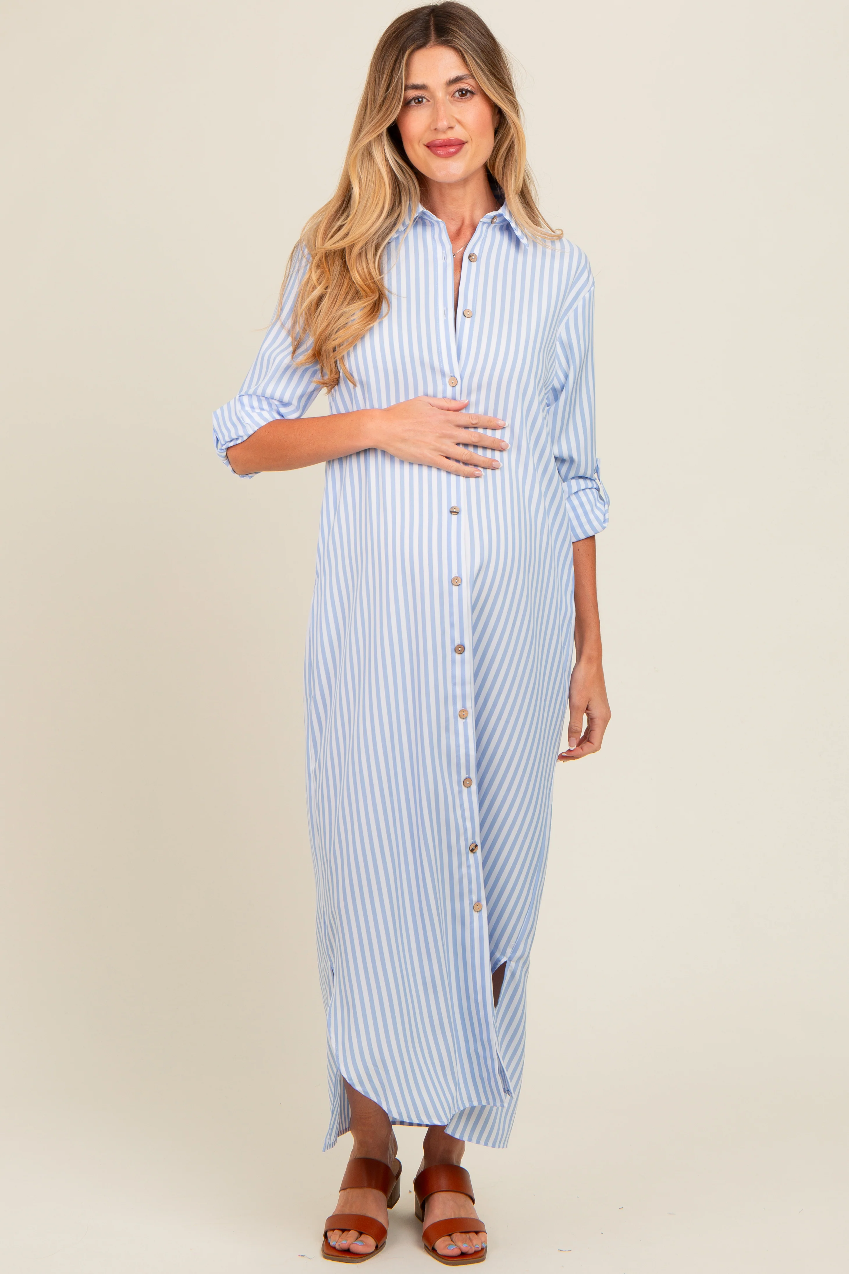 Light Blue Striped Button Down Maternity Maxi Dress - Image 3