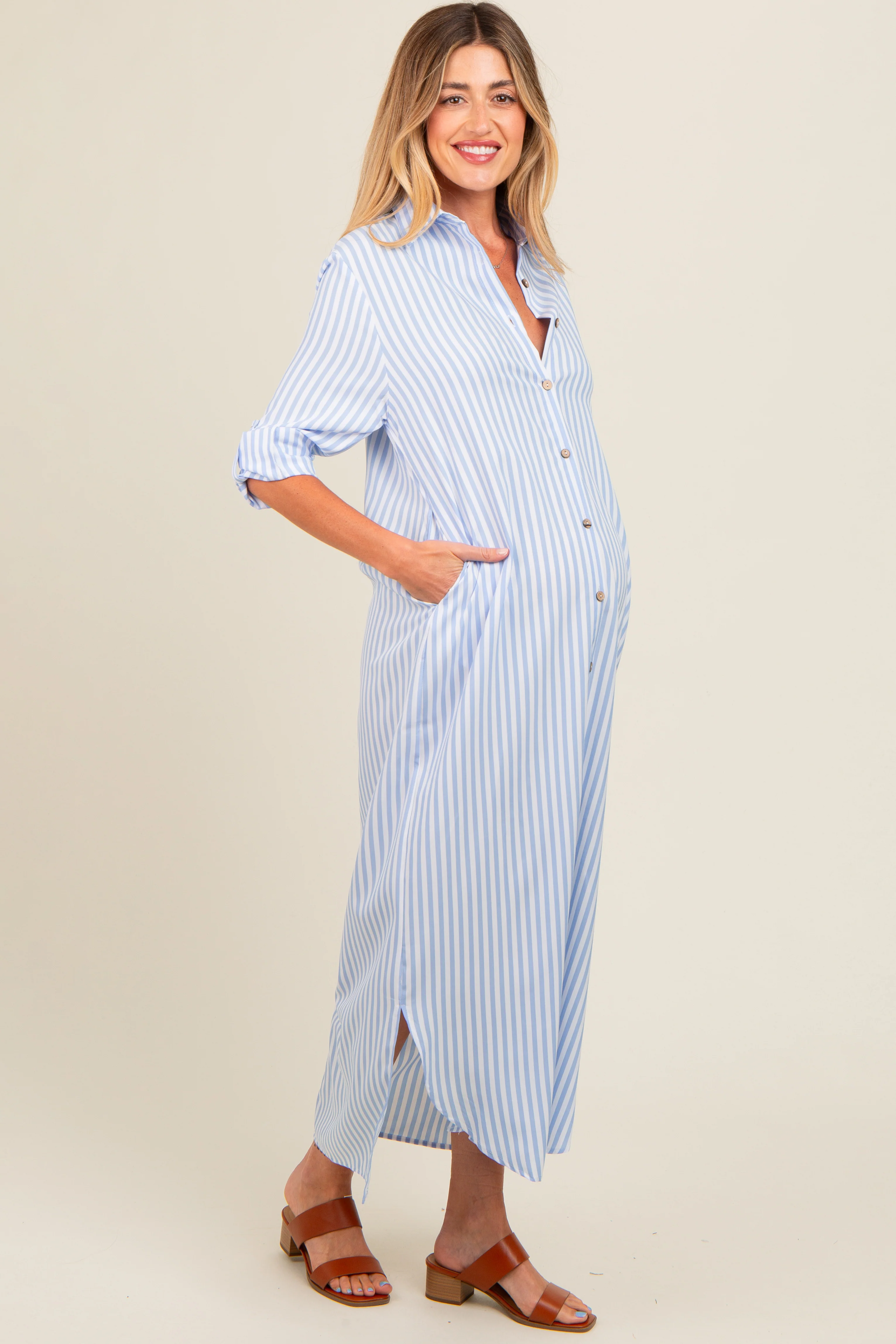 Light Blue Striped Button Down Maternity Maxi Dress - Image 4