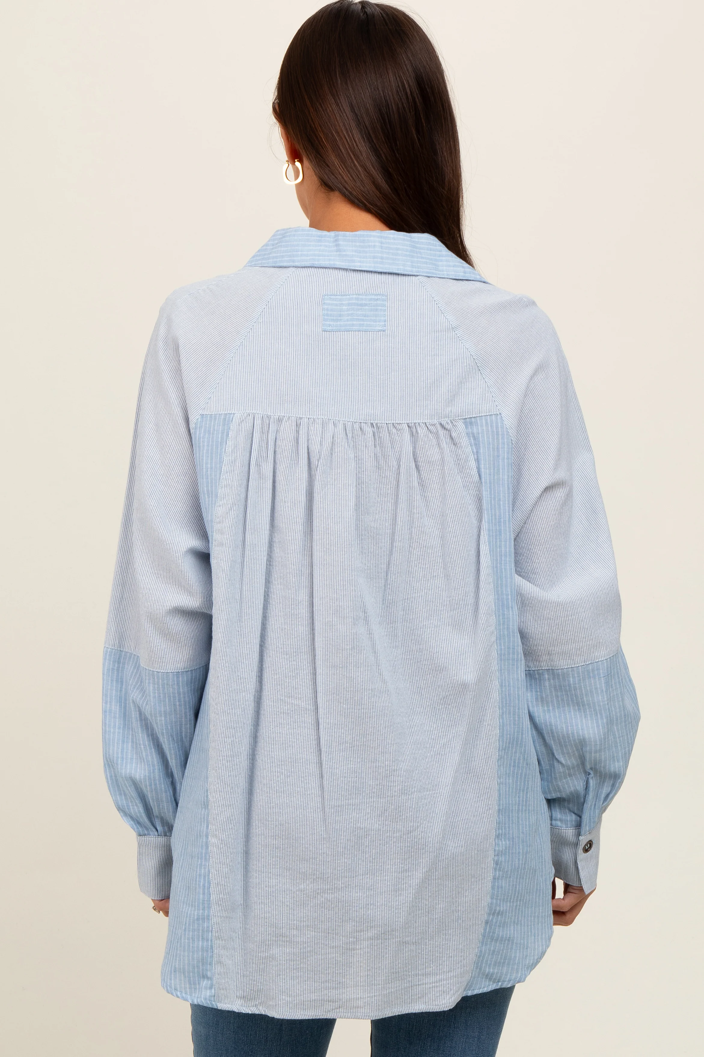 Light Blue Striped Colorblock Button Up Maternity Top - Image 4