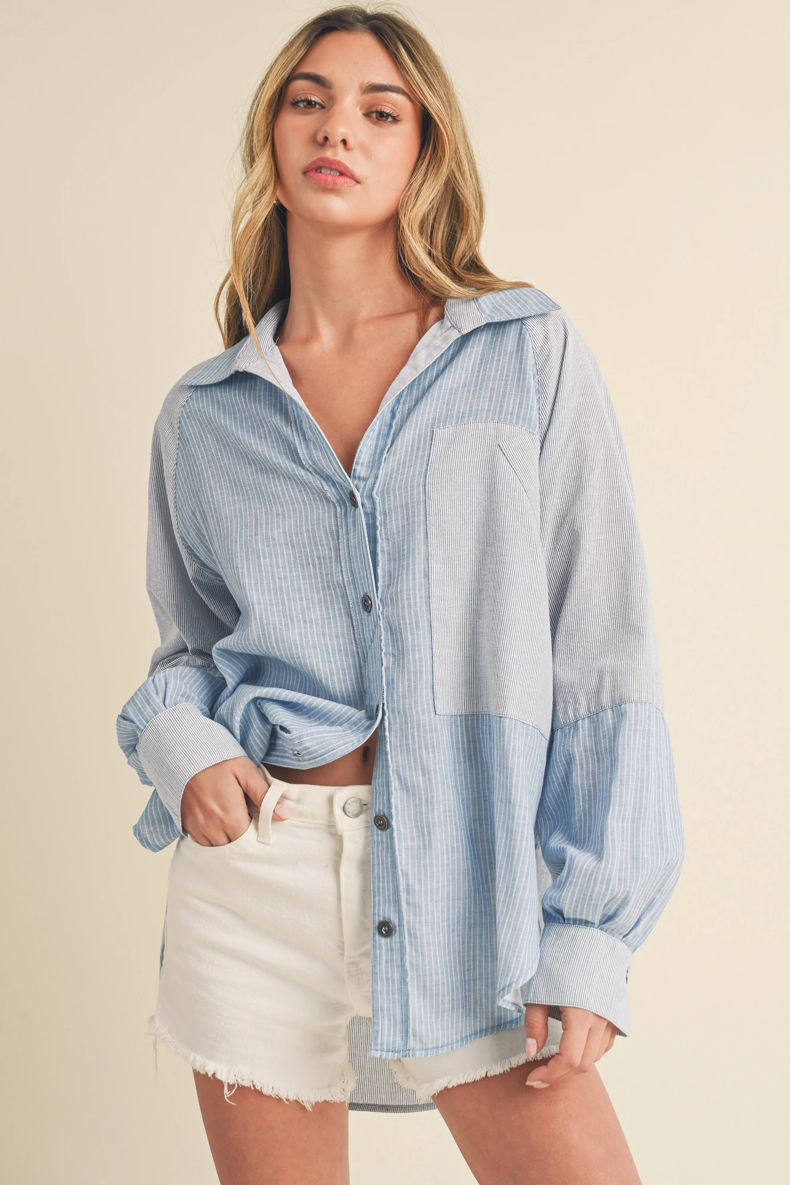 Light Blue Striped Colorblock Button Up Maternity Top - Image 5