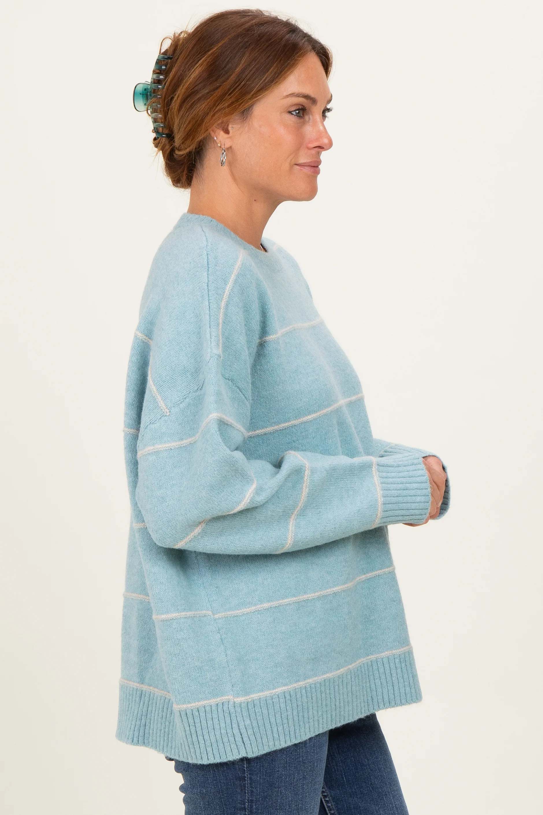 Light Blue Striped Drop Shoulder Sweater - Image 3