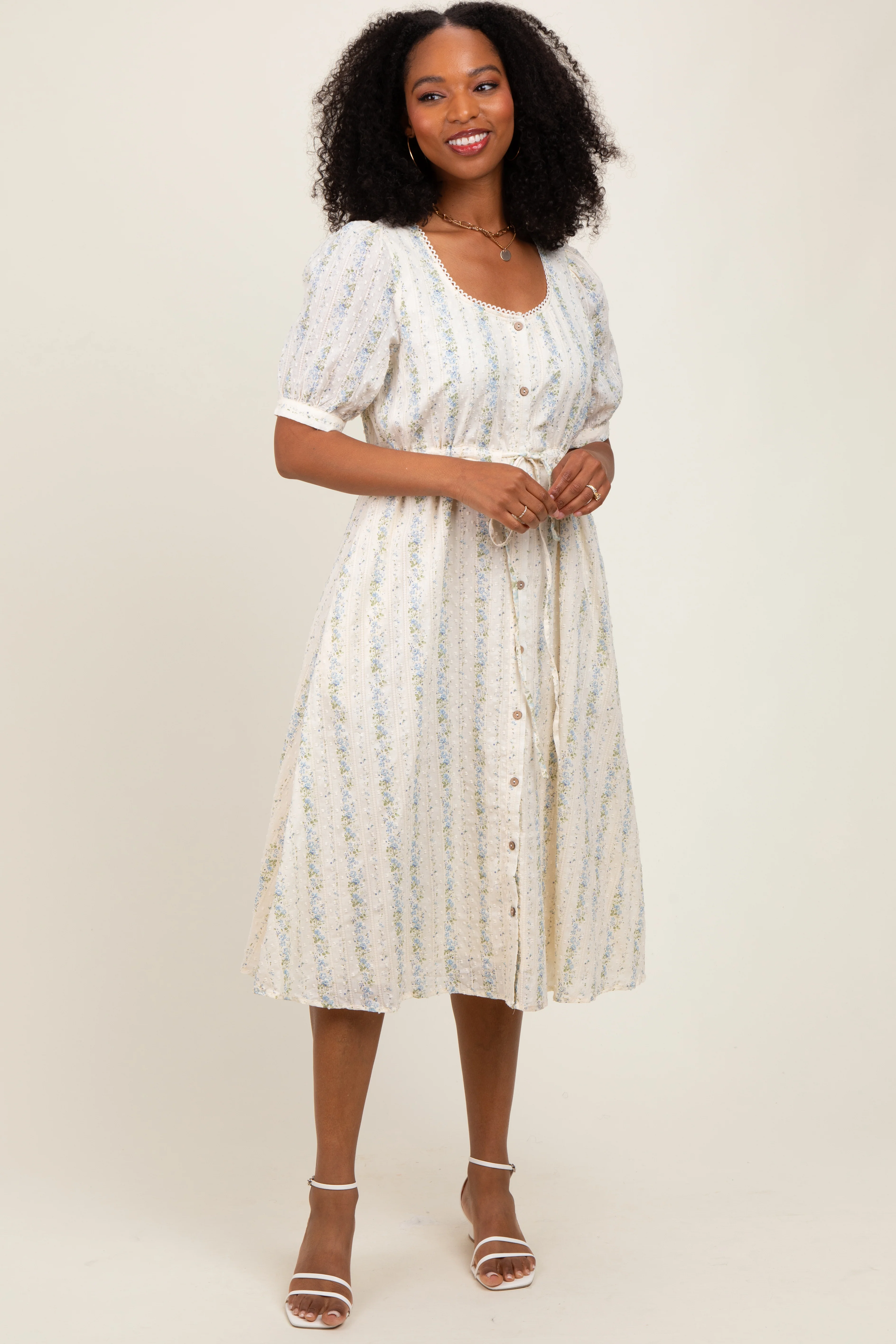 Light Blue Swiss Dot Floral Print Button Down Midi Dress - Image 2
