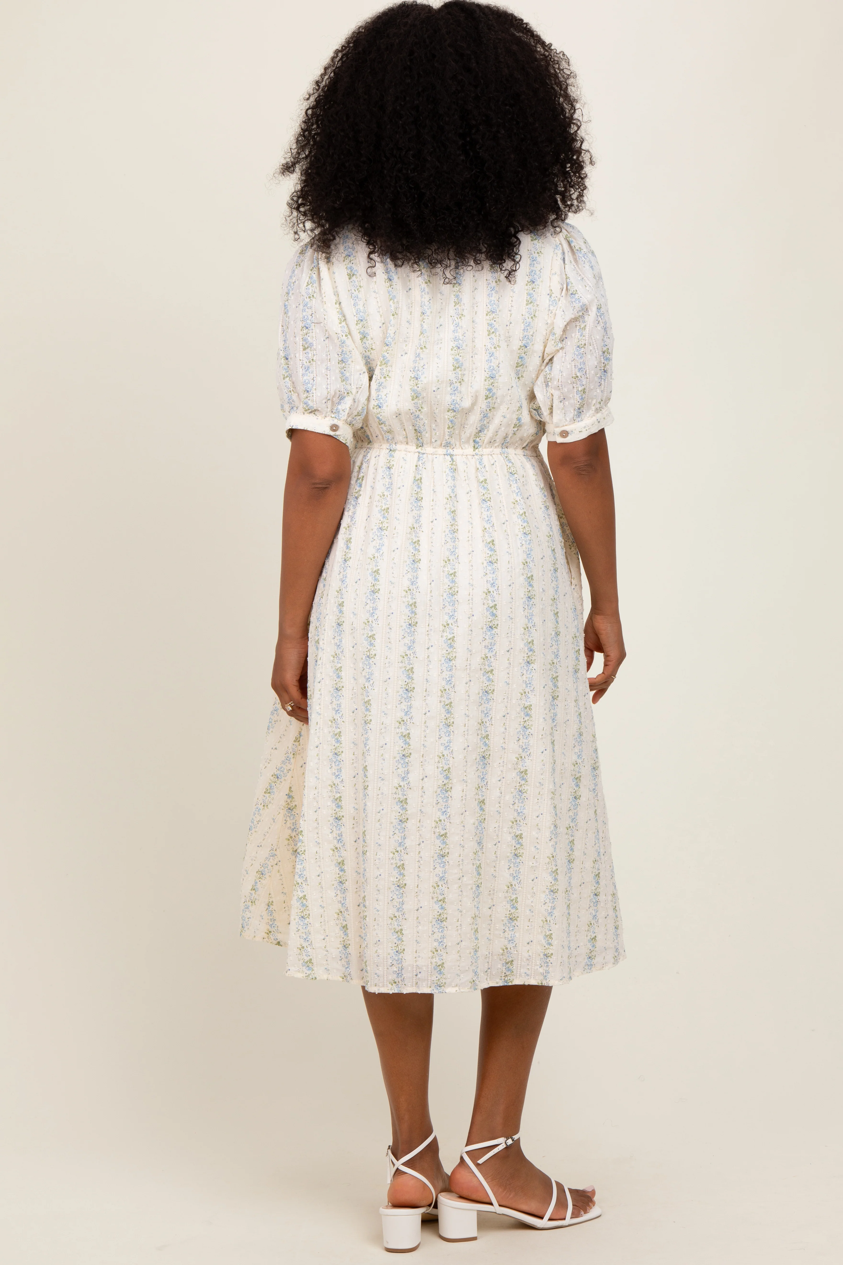Light Blue Swiss Dot Floral Print Button Down Midi Dress - Image 4