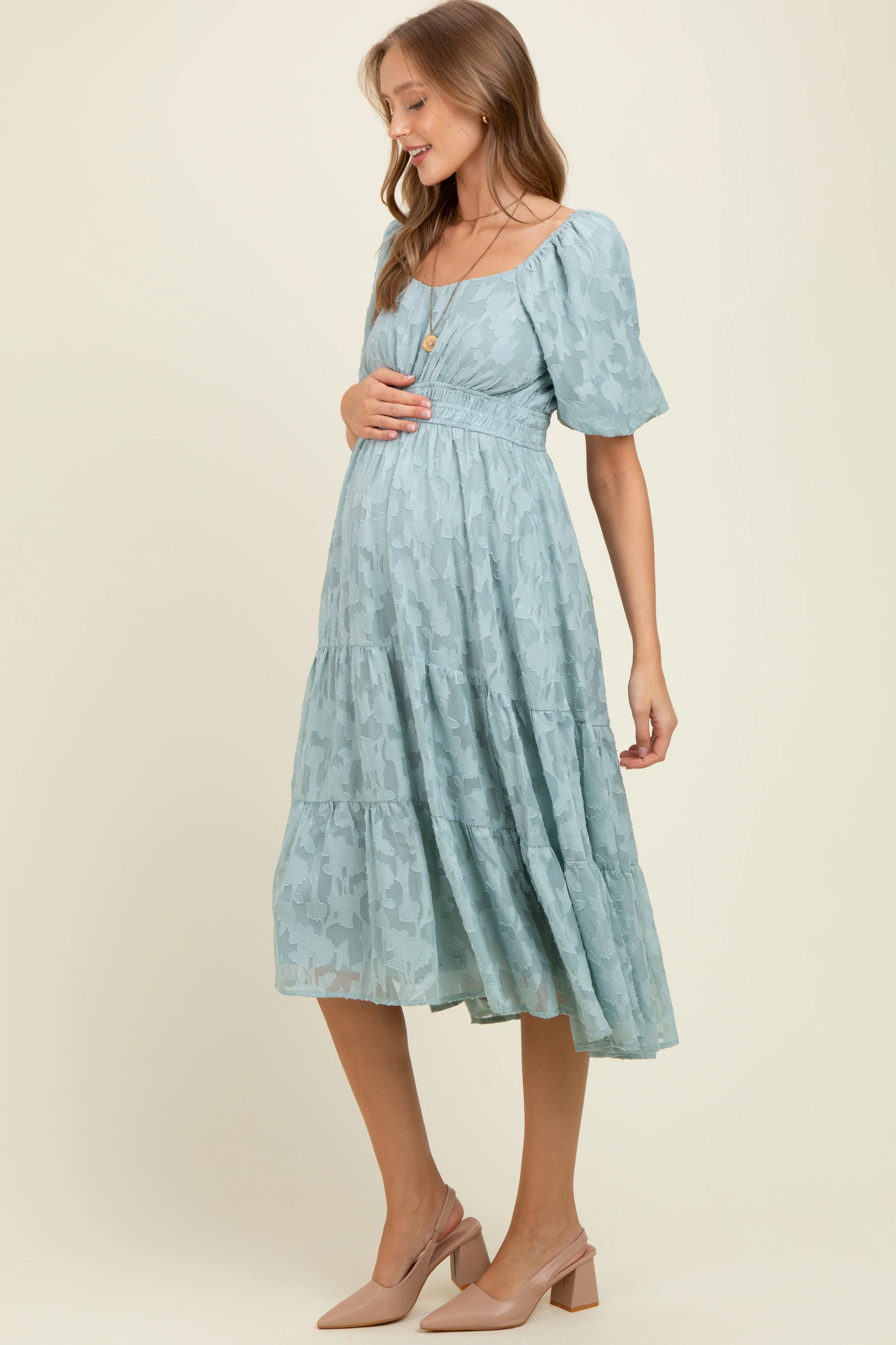 Light Blue Textured Floral Short Sleeve Maternity Midi Dress - Image 3