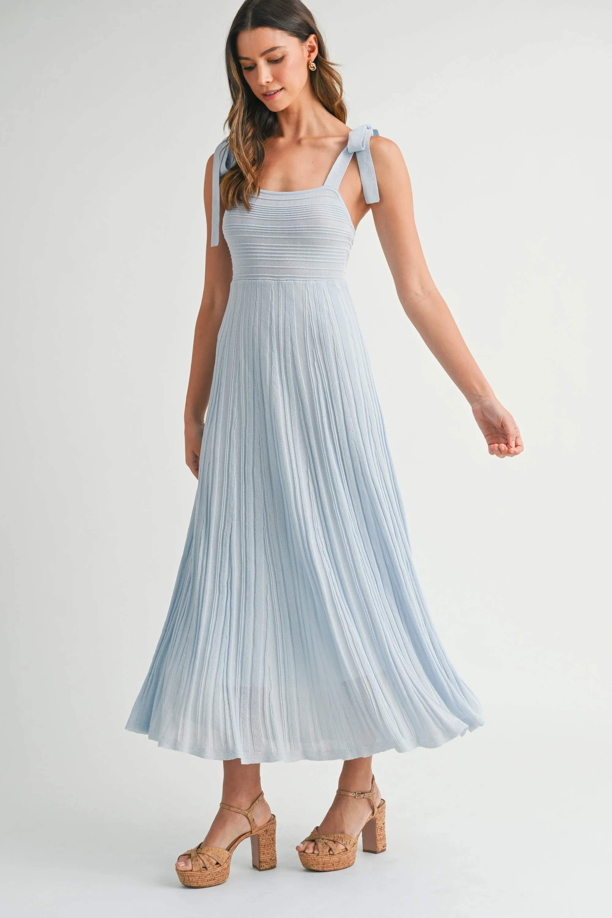 Light Blue Textured Knit Shoulder Tie Maternity Midi Dress - Image 5
