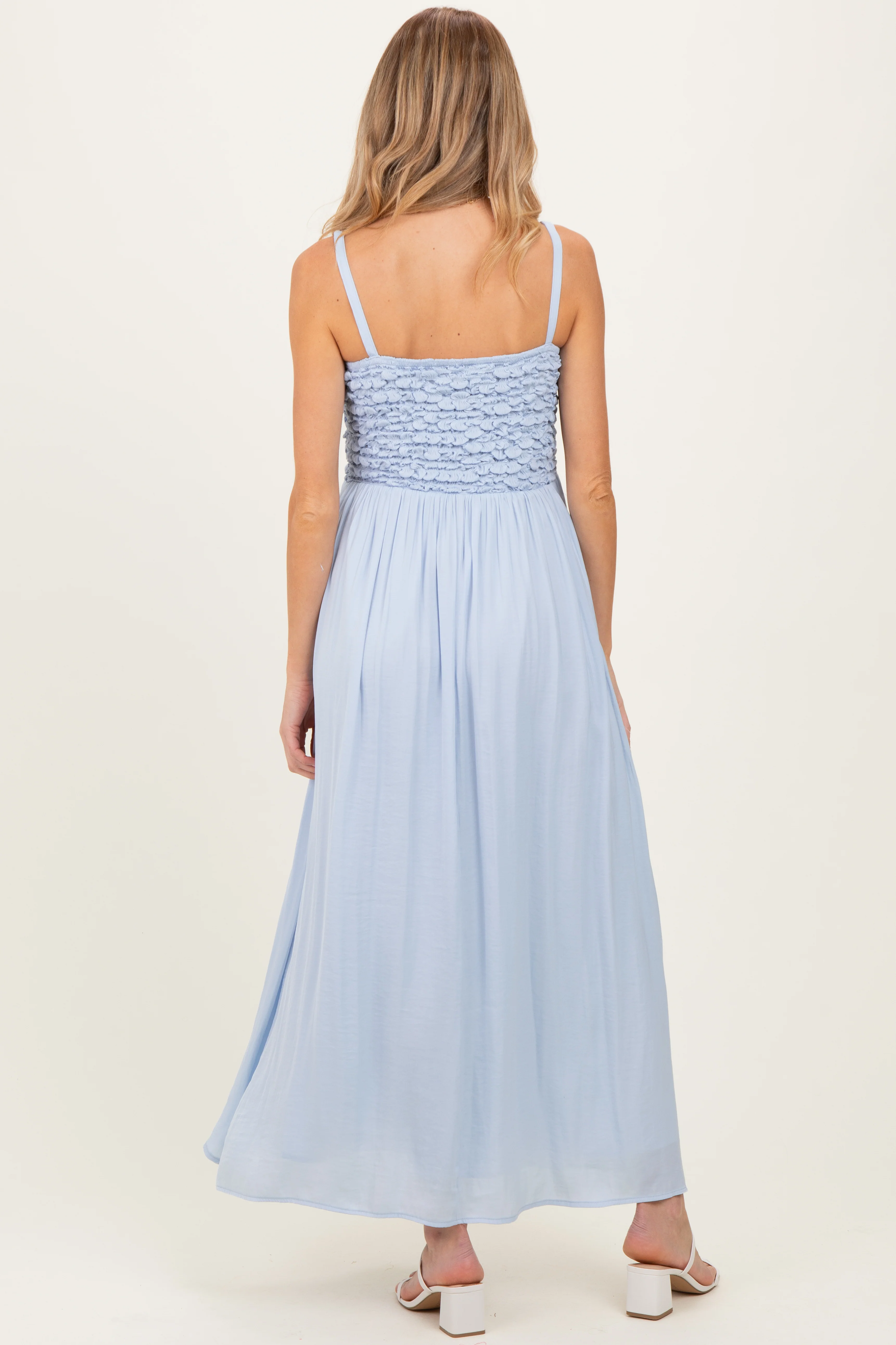 Light Blue Textured Smocked Maternity Maxi Dress - Image 4