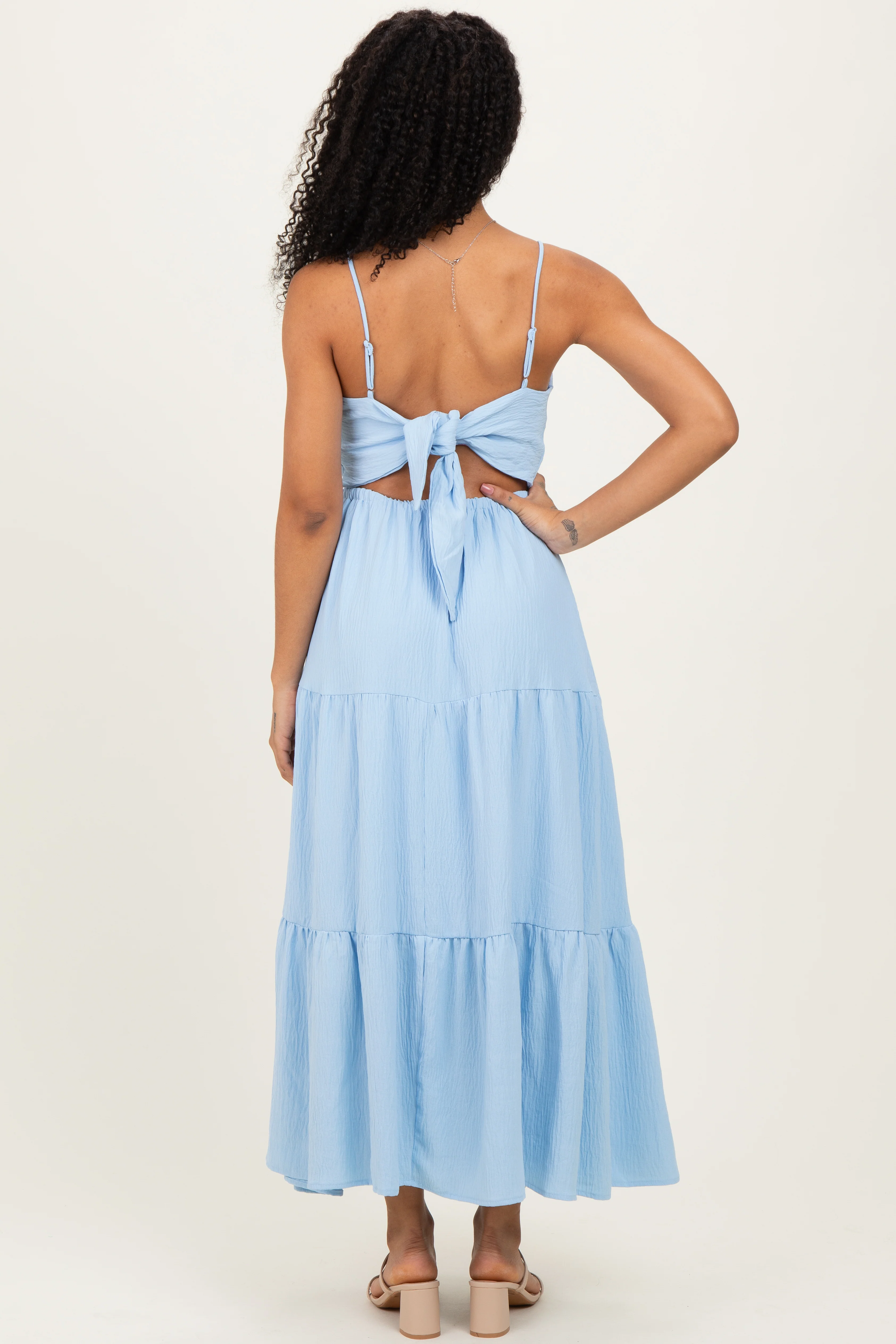 Light Blue Tiered Cutout Tie Back Midi Dress - Image 4