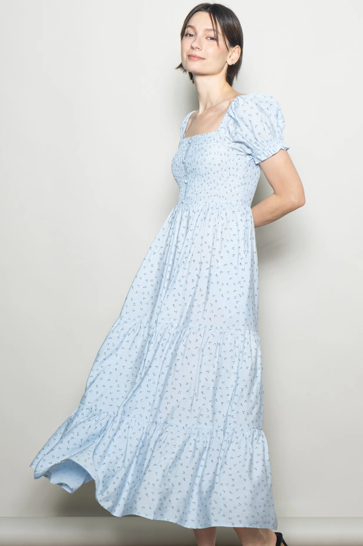 Light Blue Tiny Floral Smocked Puff Sleeve Maxi Dress - Image 3