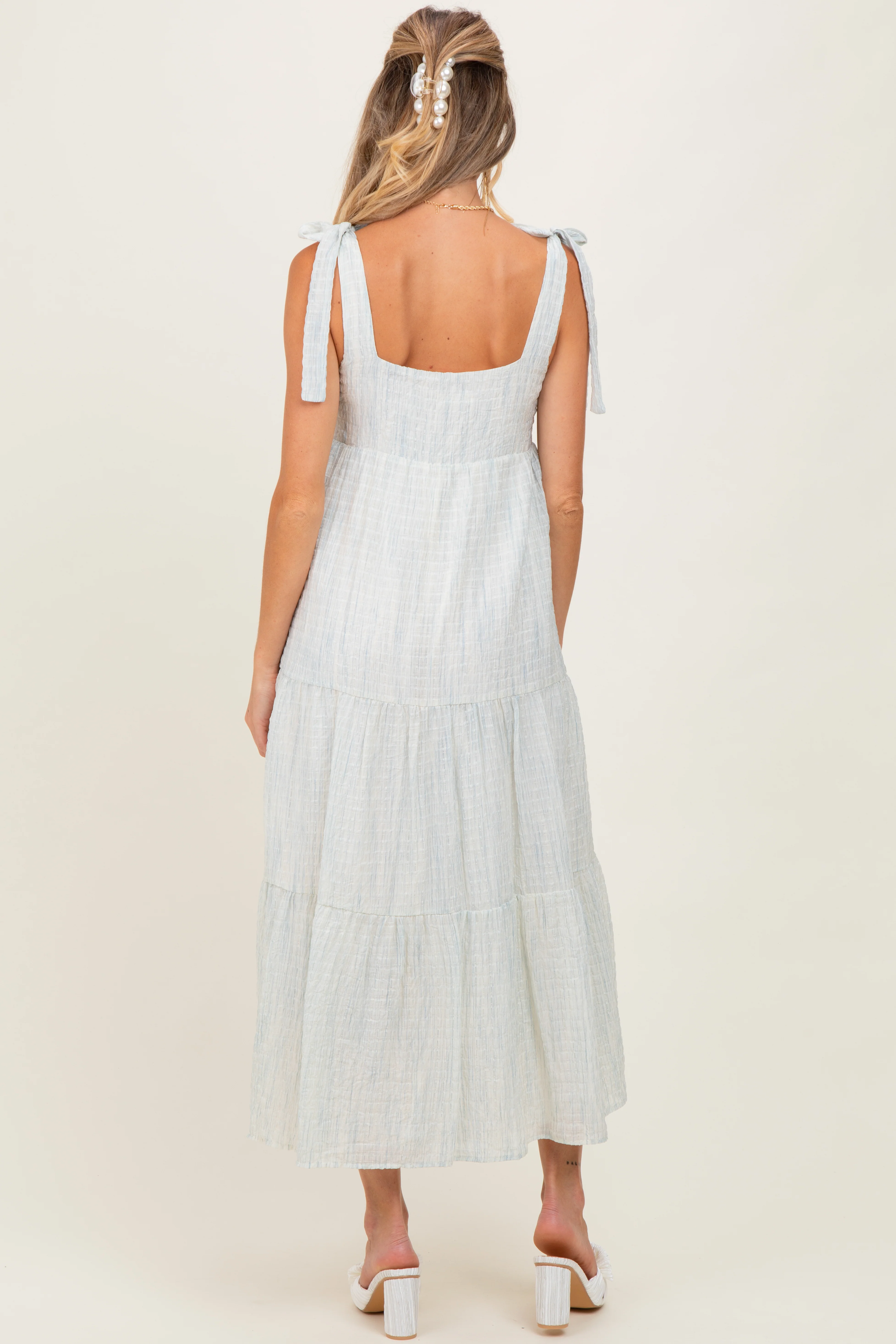Light Blue V-Neck Shoulder Tie Maternity Midi Dress - Image 3