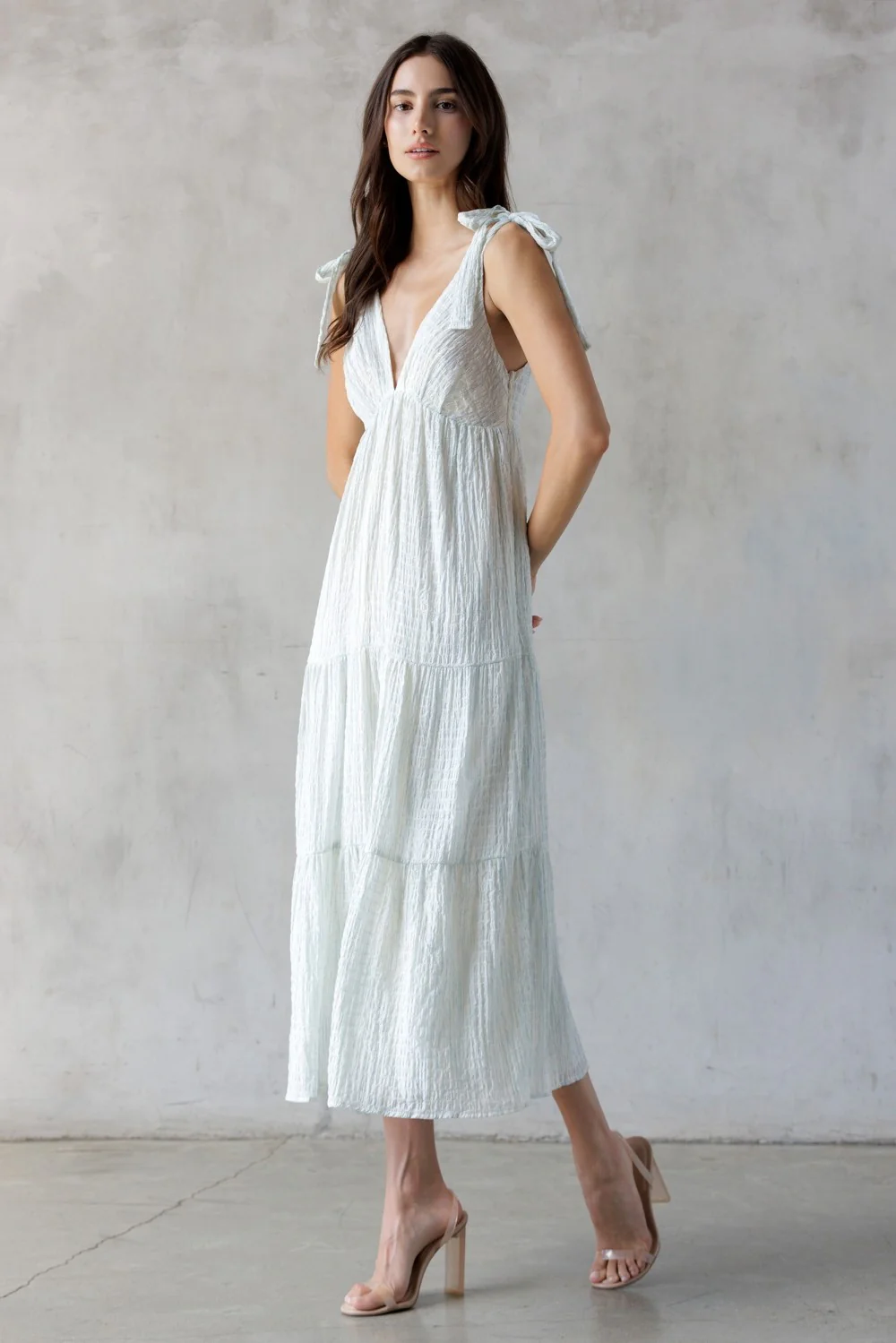 Light Blue V-Neck Shoulder Tie Midi Dress - Image 3