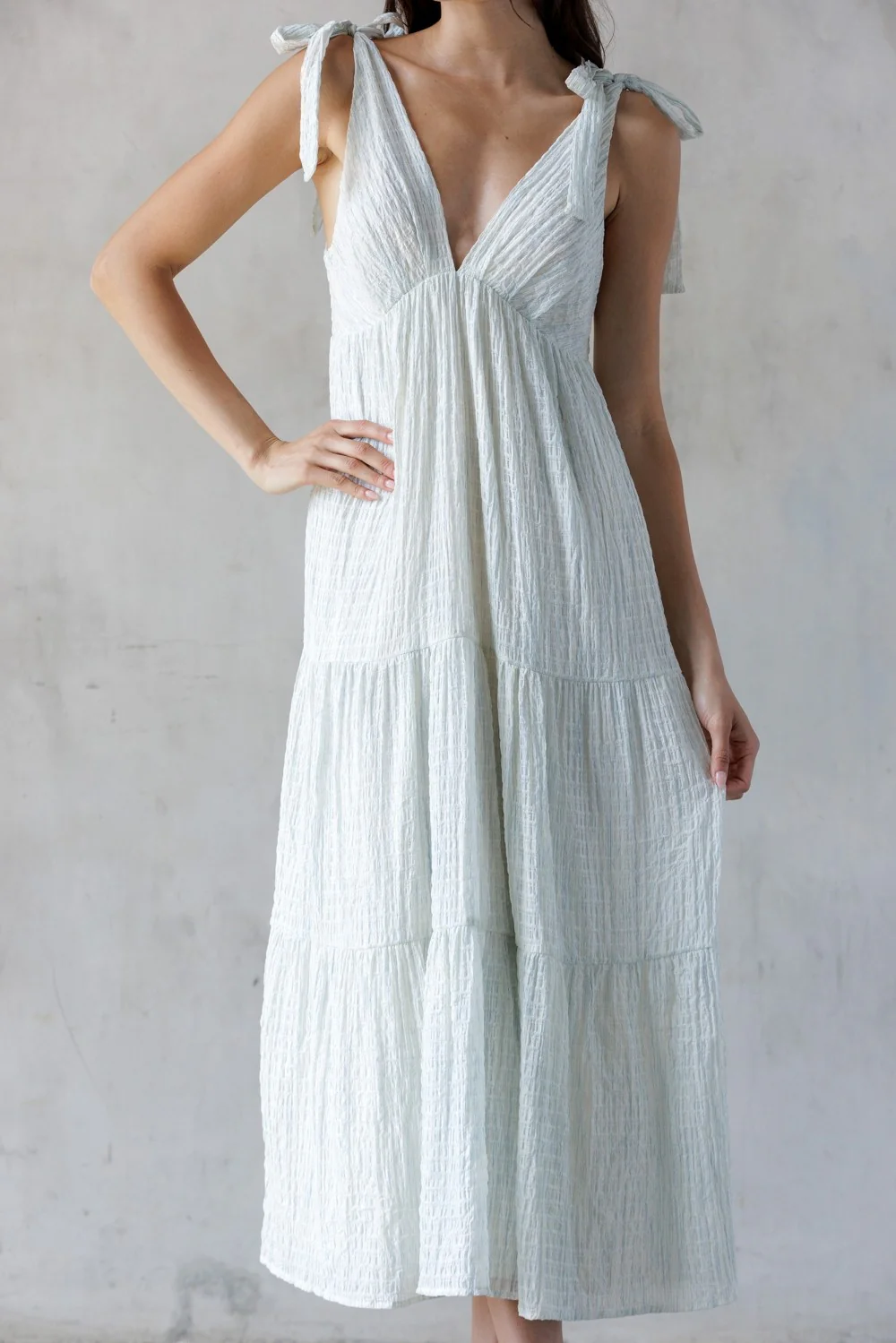 Light Blue V-Neck Shoulder Tie Midi Dress - Image 5