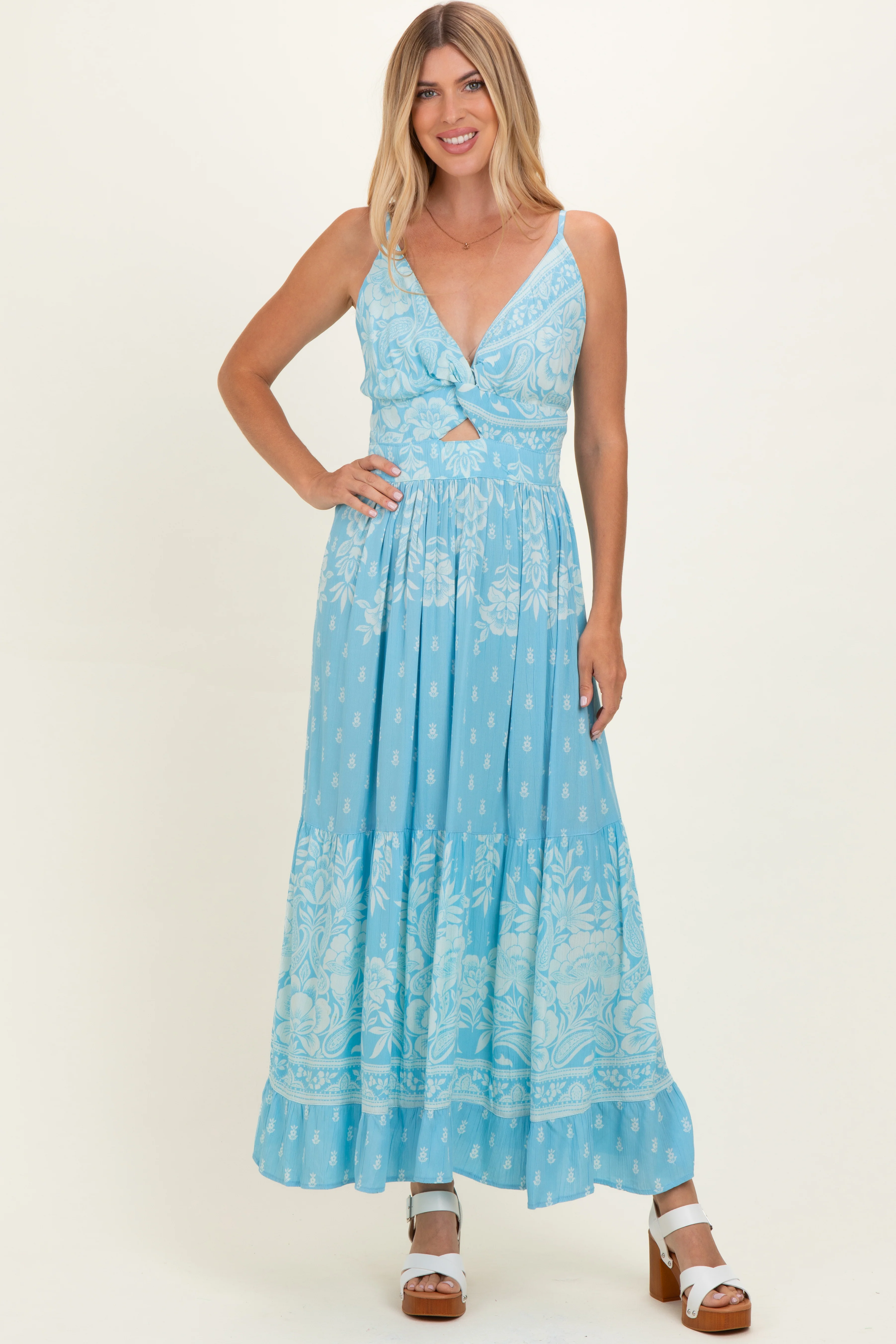 Light Blue V-Neck Twist Front Cut Out Maternity Maxi Dress - Image 4