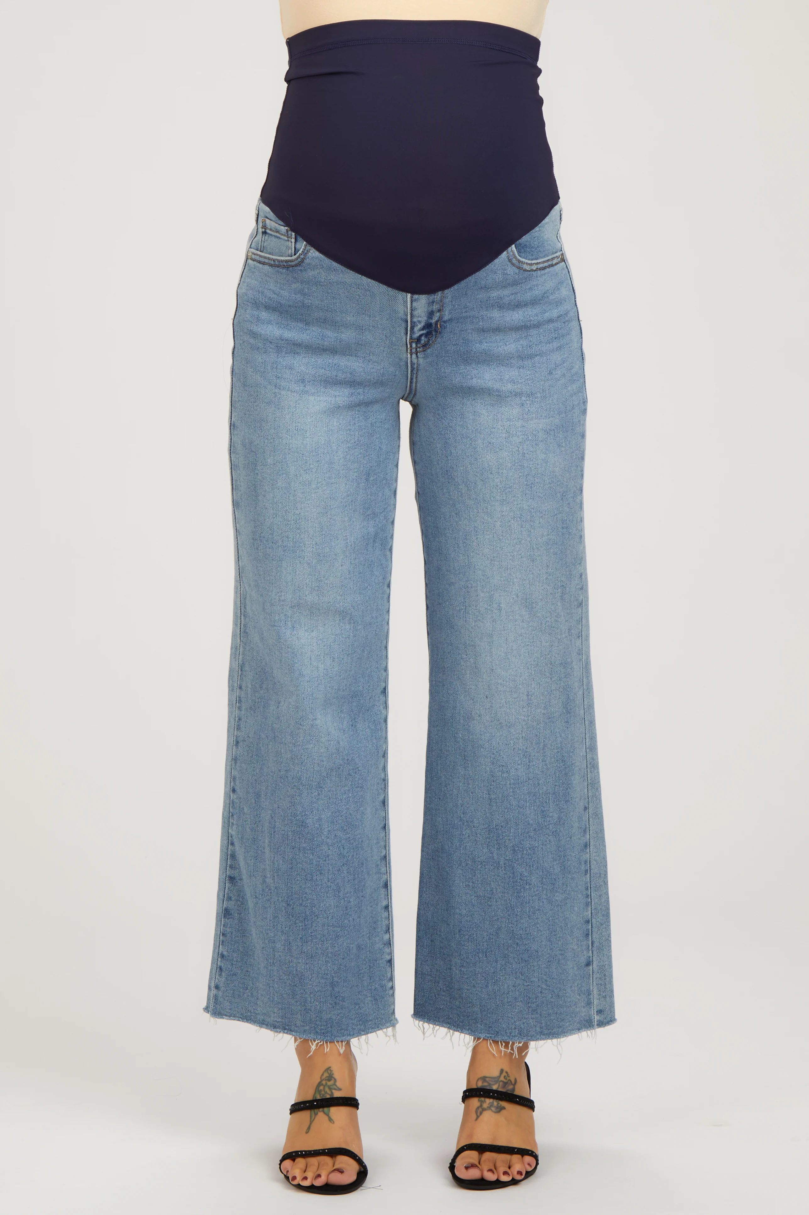 Light Blue Wide Leg Raw Hem Maternity Jeans - Image 2