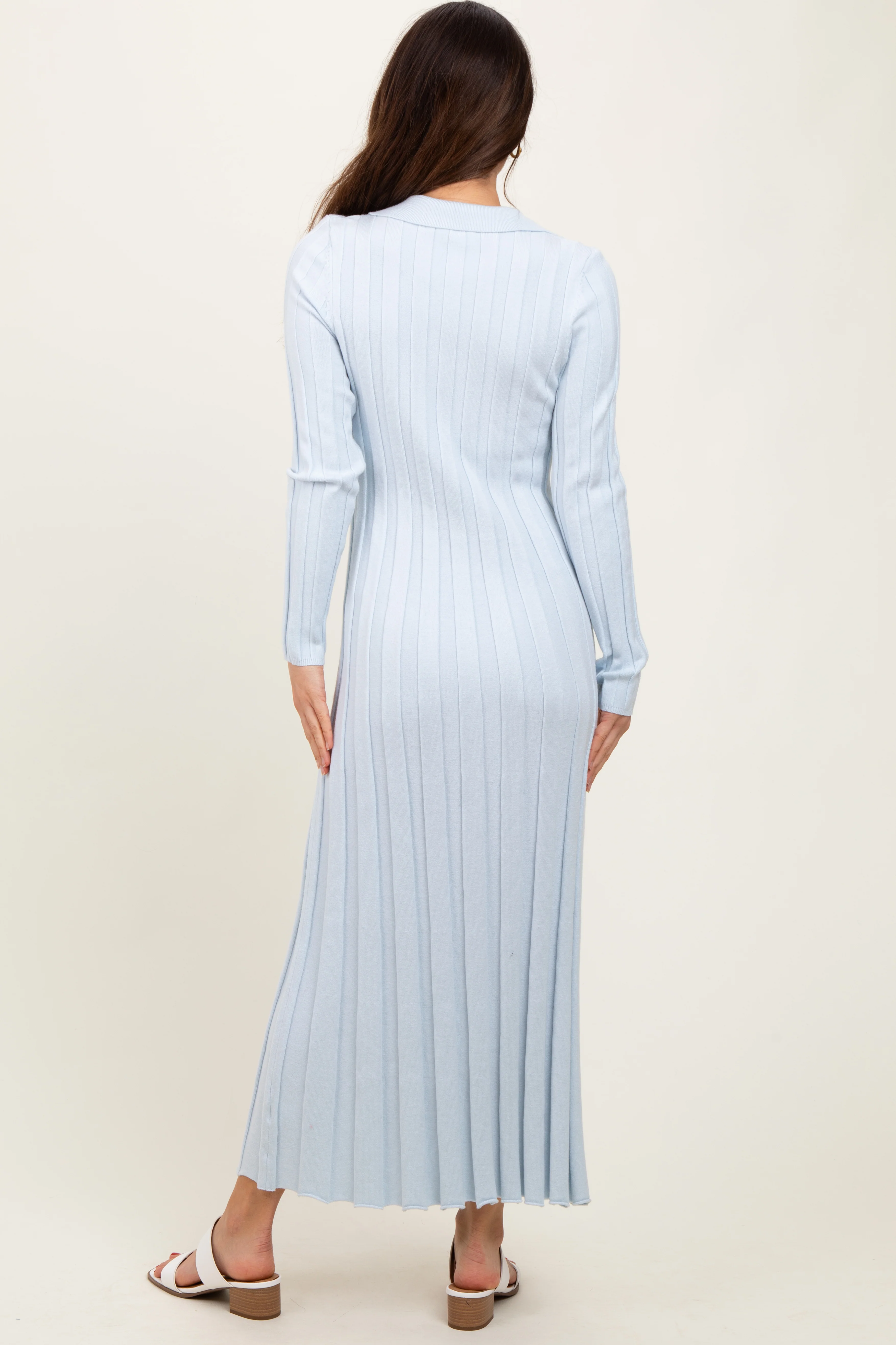 Light Blue Wide Ribbed Knit Collared Midi Dress - Image 3