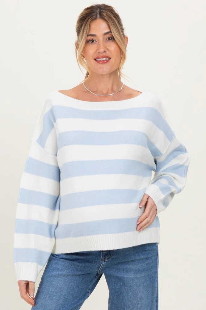 Light Blue Wide Stripe Boat Neck Maternity Sweater - Image 4