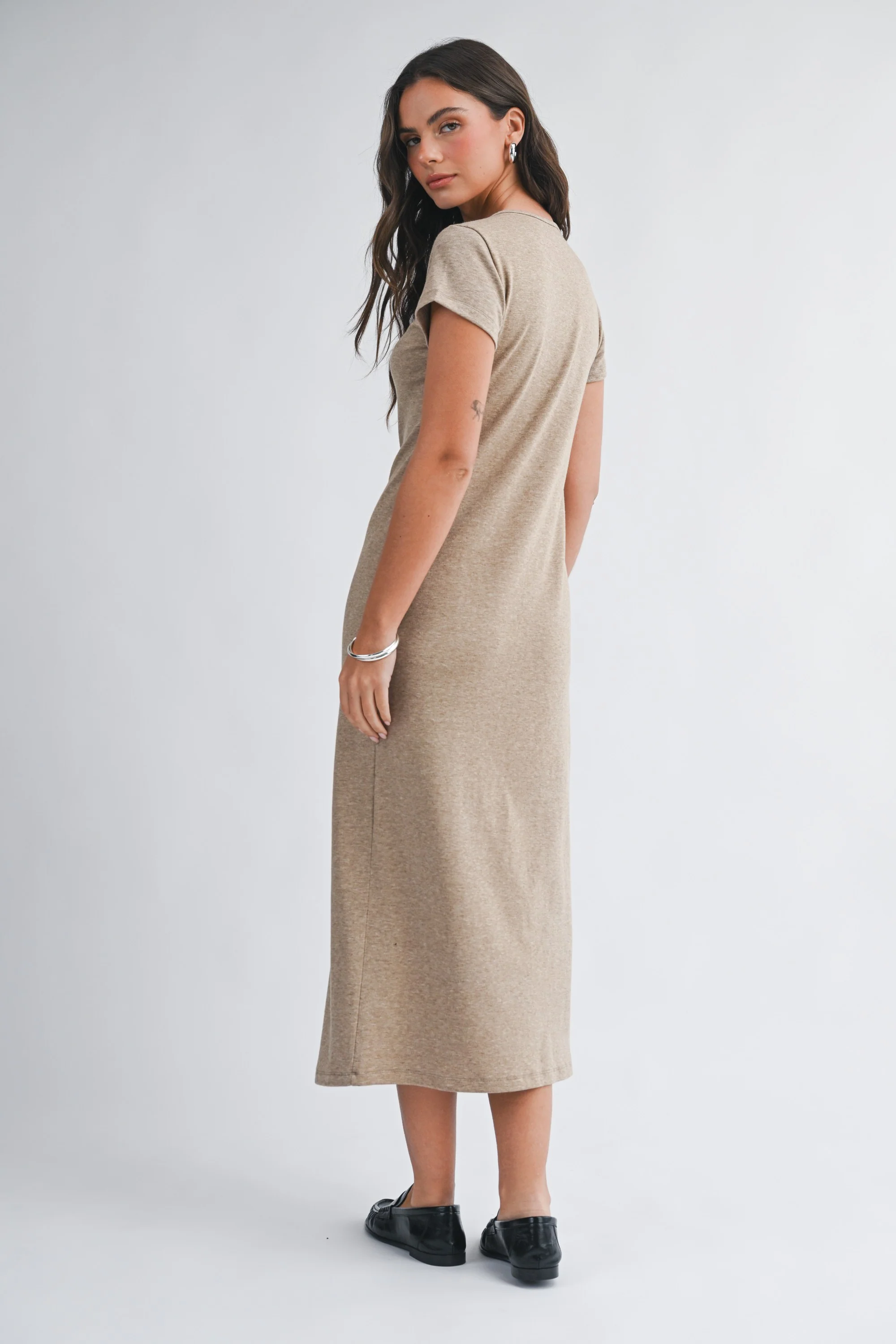 Light Brown Basic Crewneck Midi Dress - Image 3