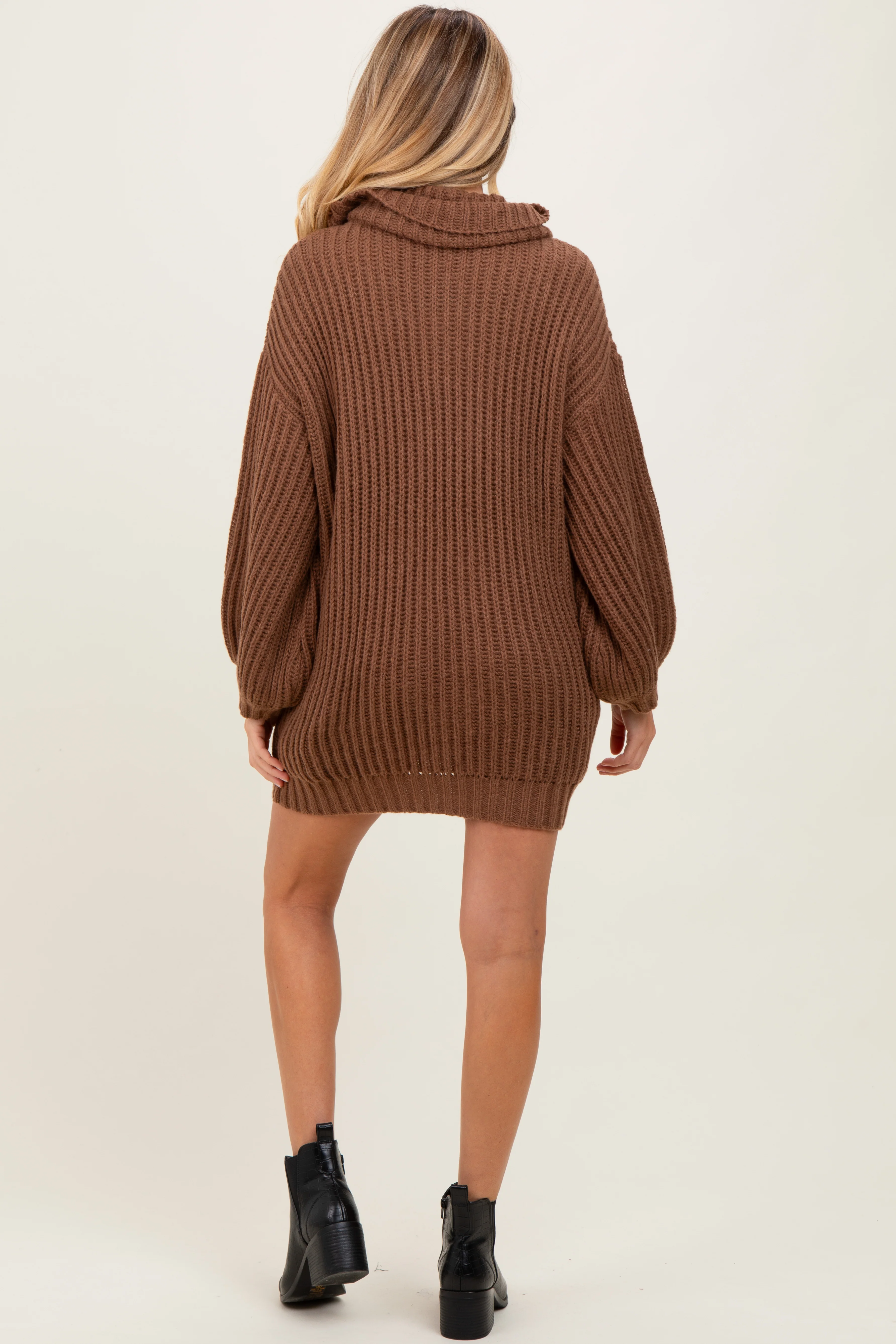 Light Brown Turtleneck Puff Sleeve Maternity Sweater Dress - Image 3
