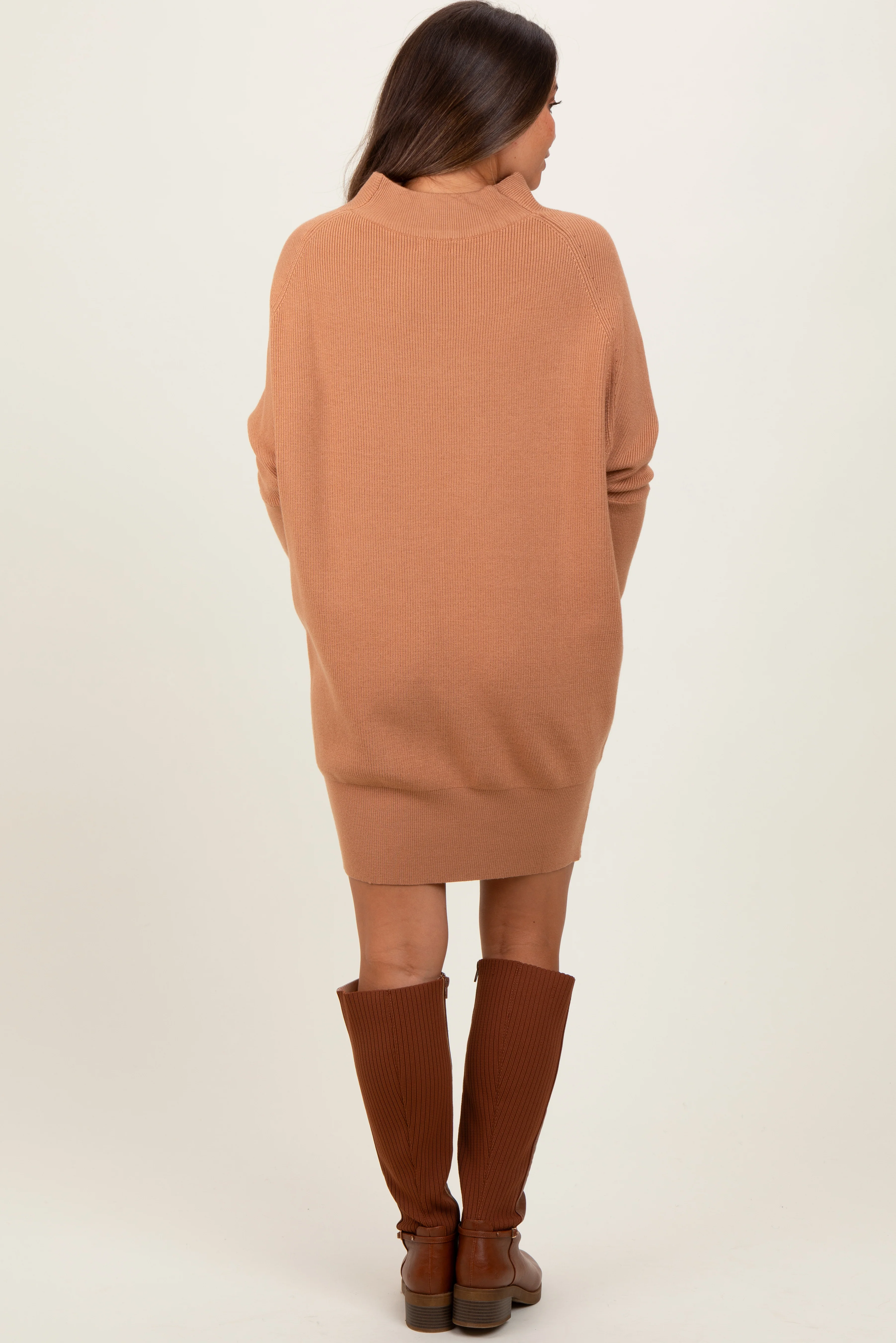 Light Camel Funnel Neck Dolman Sleeve Maternity Mini Dress - Image 3