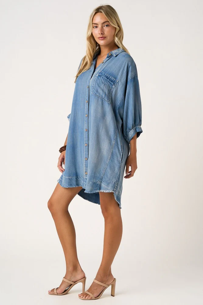 Light Denim Chambray Dolman Sleeve Shirt Dress - Image 3