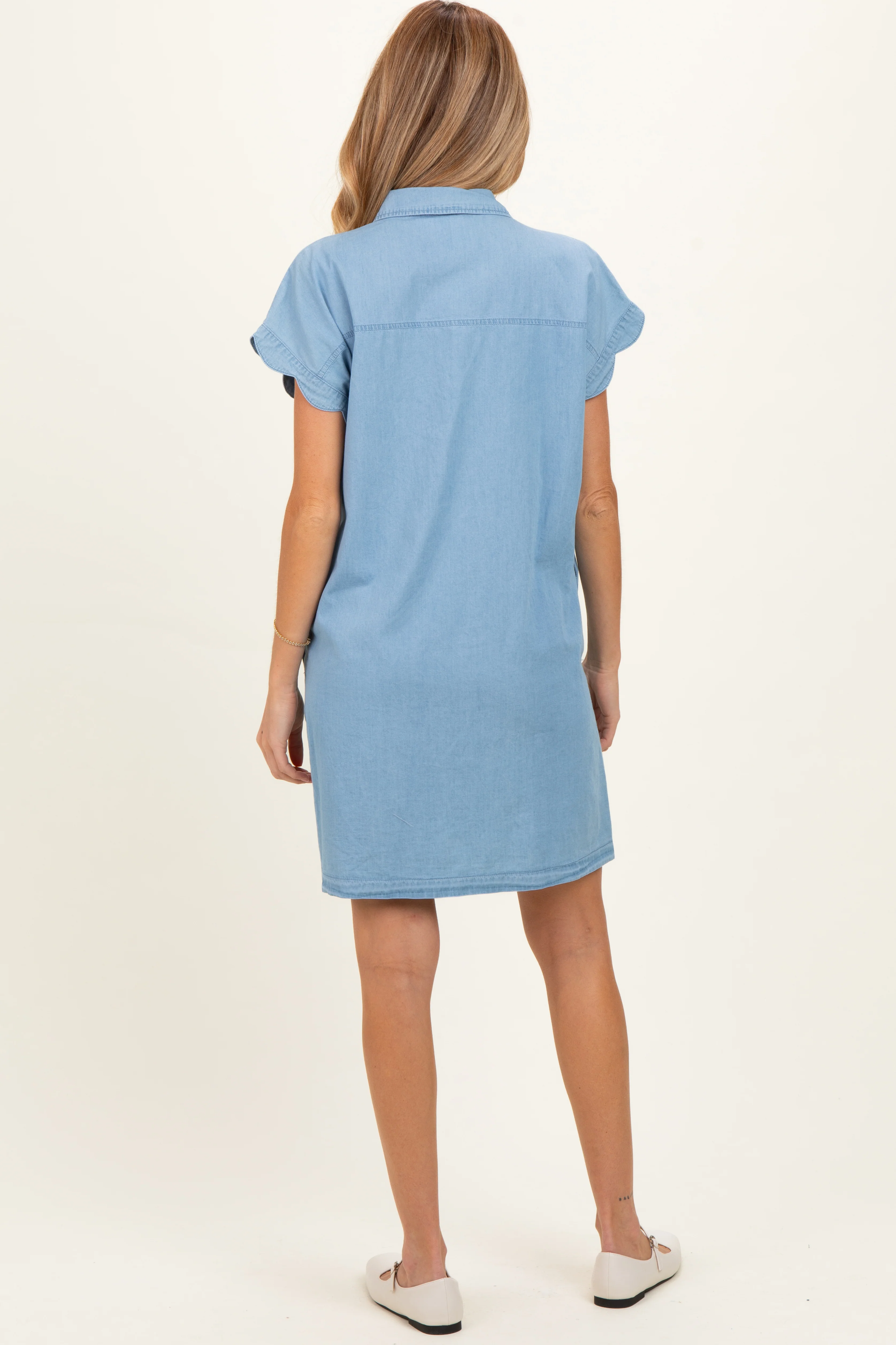 Light Denim Scallop Trim Maternity Mini Shirt Dress - Image 3