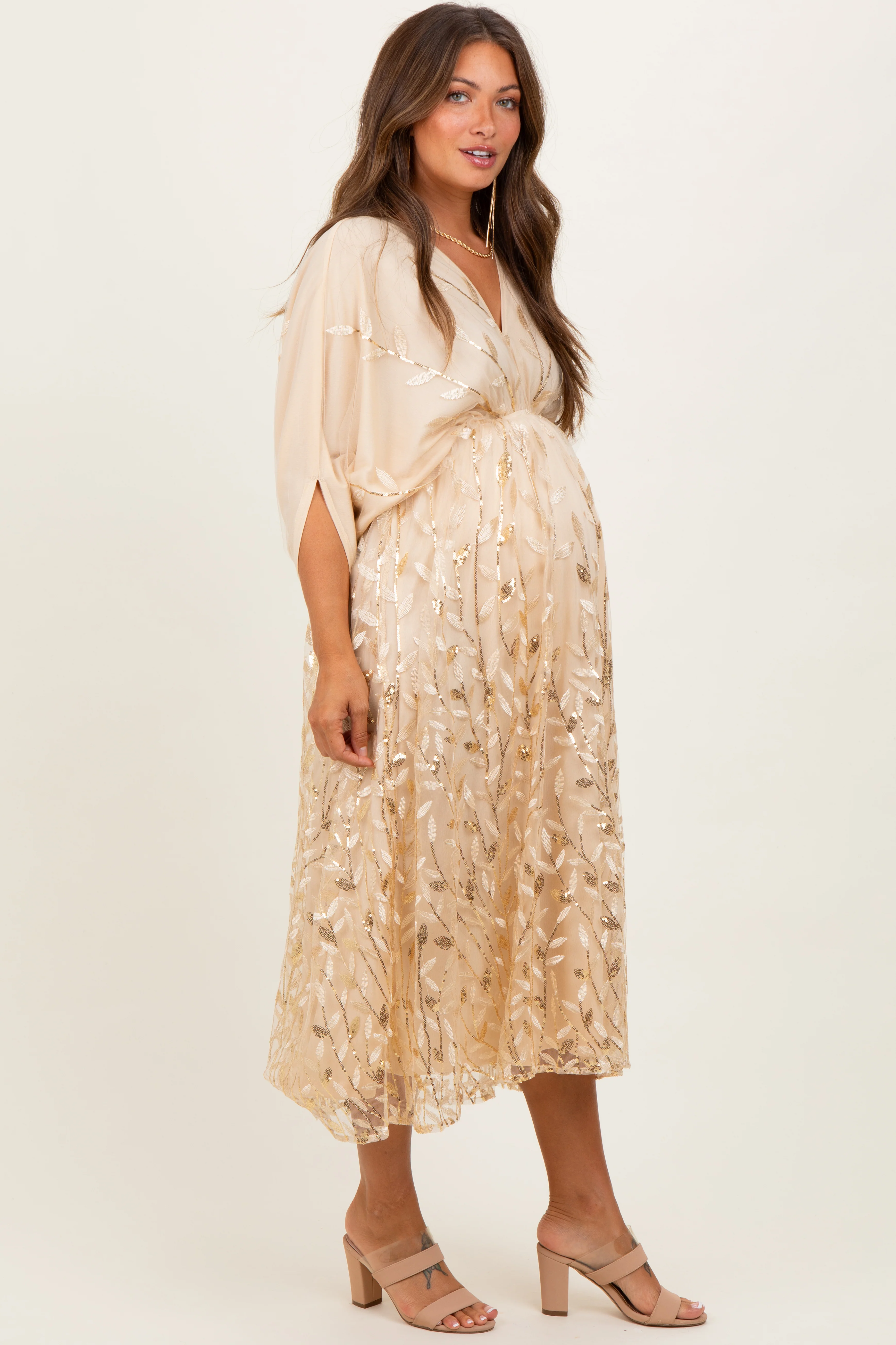 Light Gold Embroidered Tulle Dolman V-Neck Maternity Midi Dress - Image 3