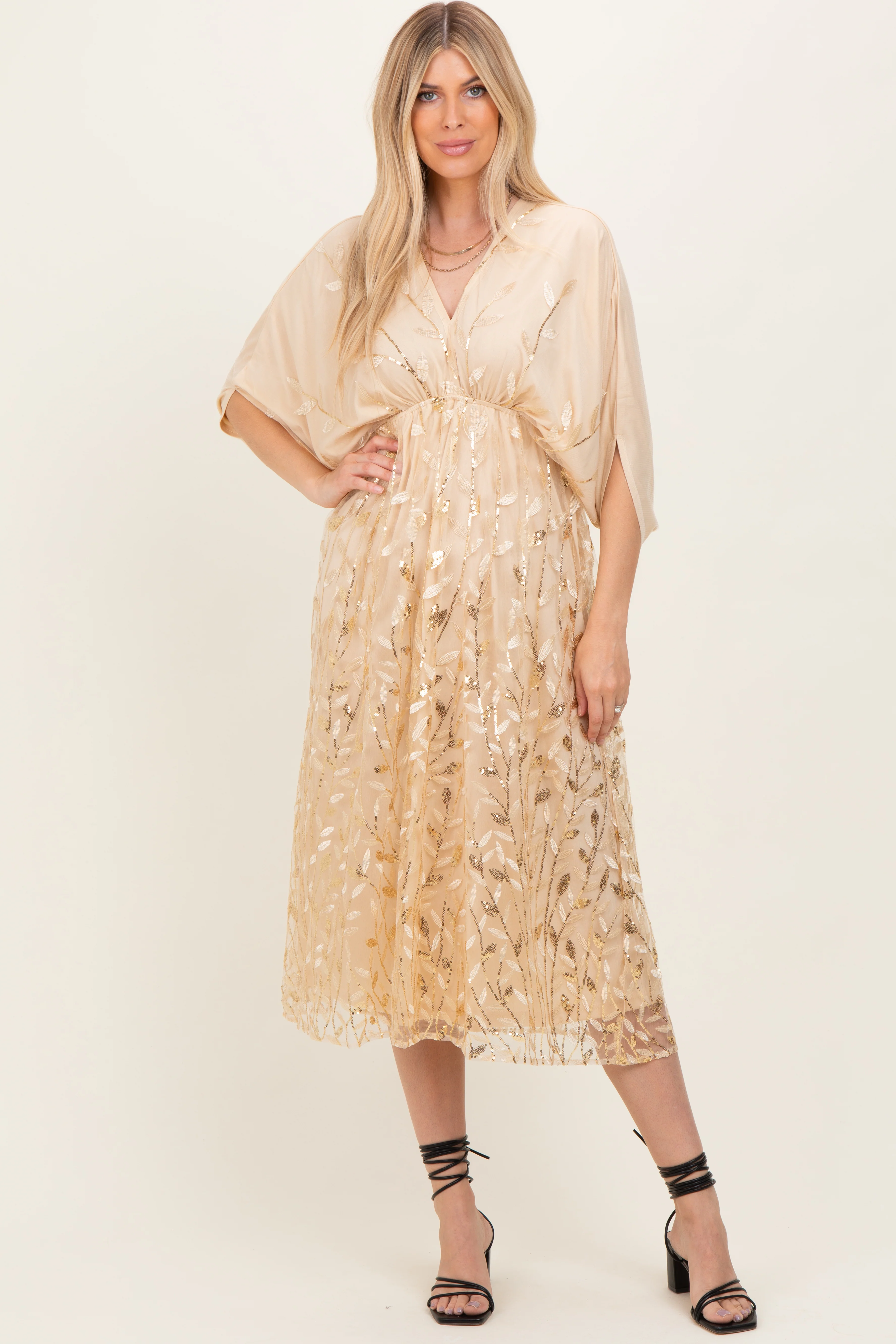 Light Gold Embroidered Tulle Dolman V-Neck Maternity Midi Dress - Image 5