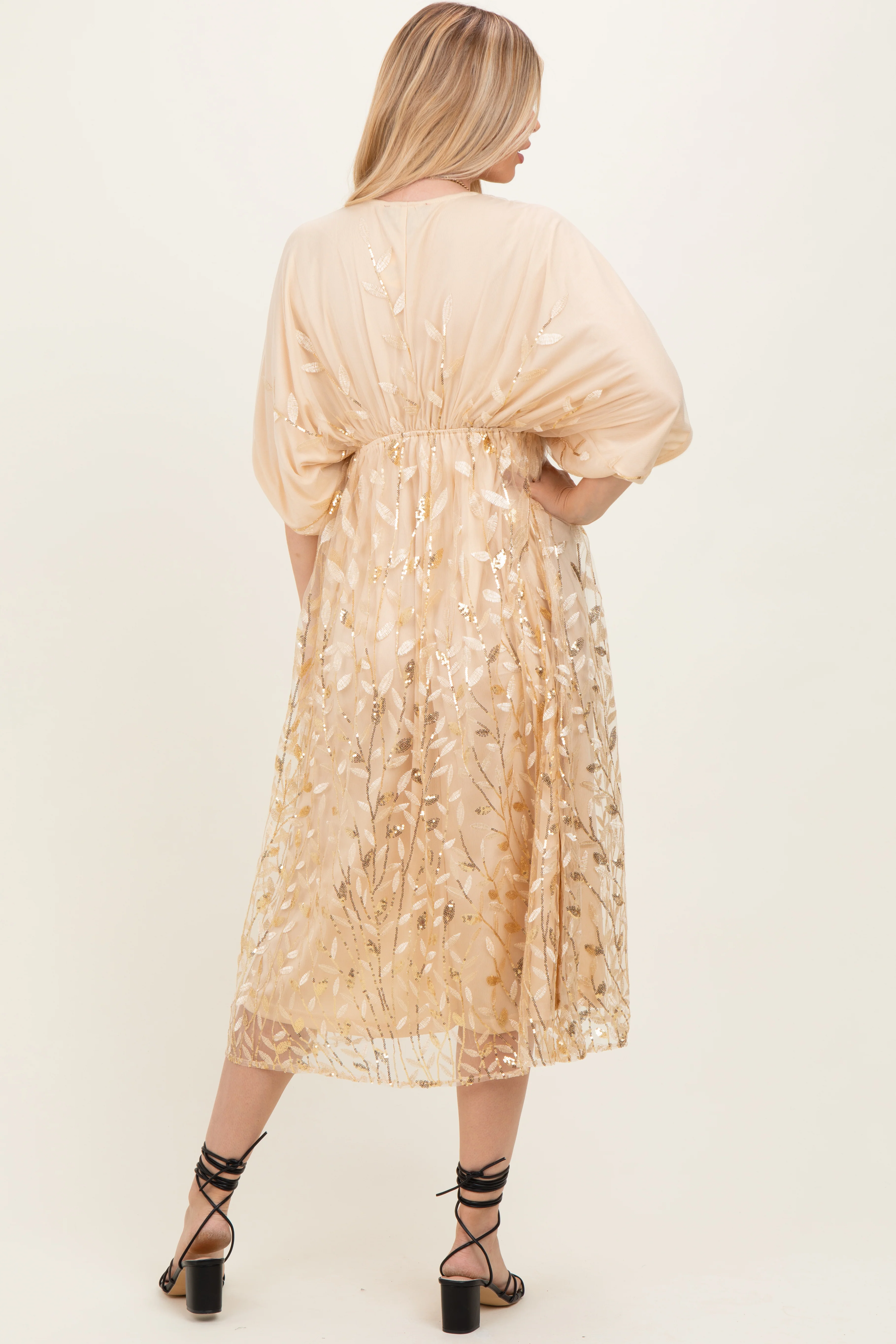 Light Gold Embroidered Tulle Dolman V-Neck Midi Dress - Image 4
